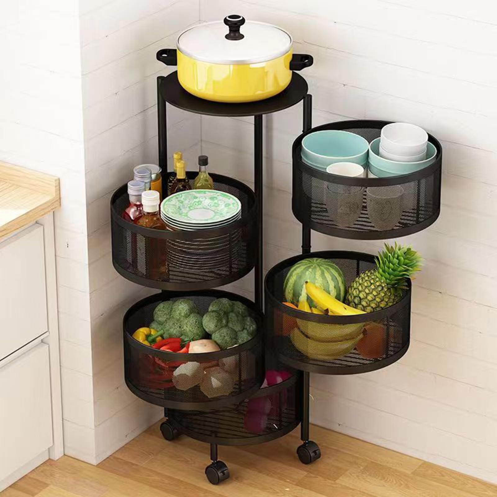 Cuencos de cesta de frutas y verduras para cocina, cesta giratoria circular de 5 niveles con ruedas, estante de alambre de metal para frutas y verduras, carrito de almacenamiento rodante de