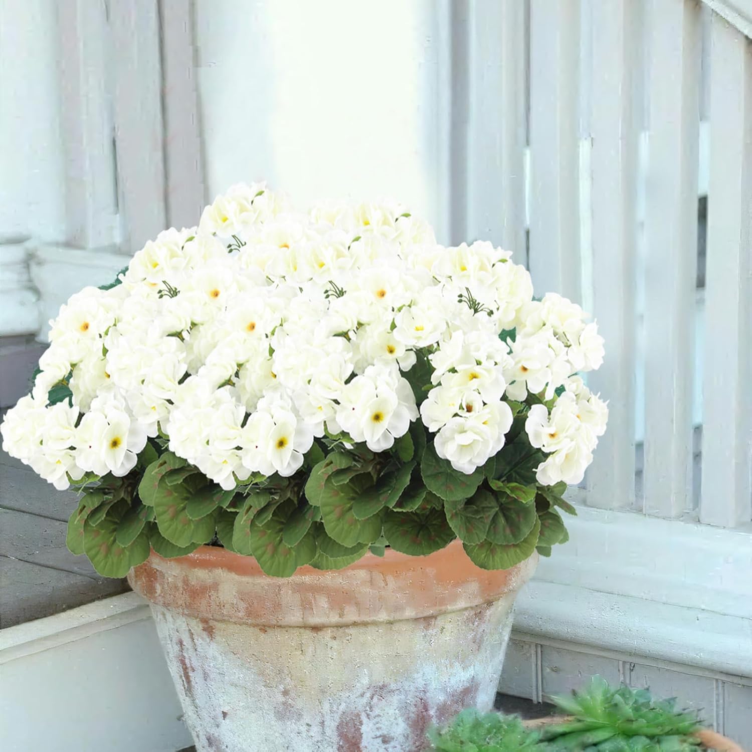 3 Pcs Artificial Geraniums Flowers Silk Geraniums for Outdoors UV Resistant White Artificial Geranium Bush Faux Flowers Plant for Planter Garden Home Decor Indoor Patio Vase Table Centerpiece - Image 7