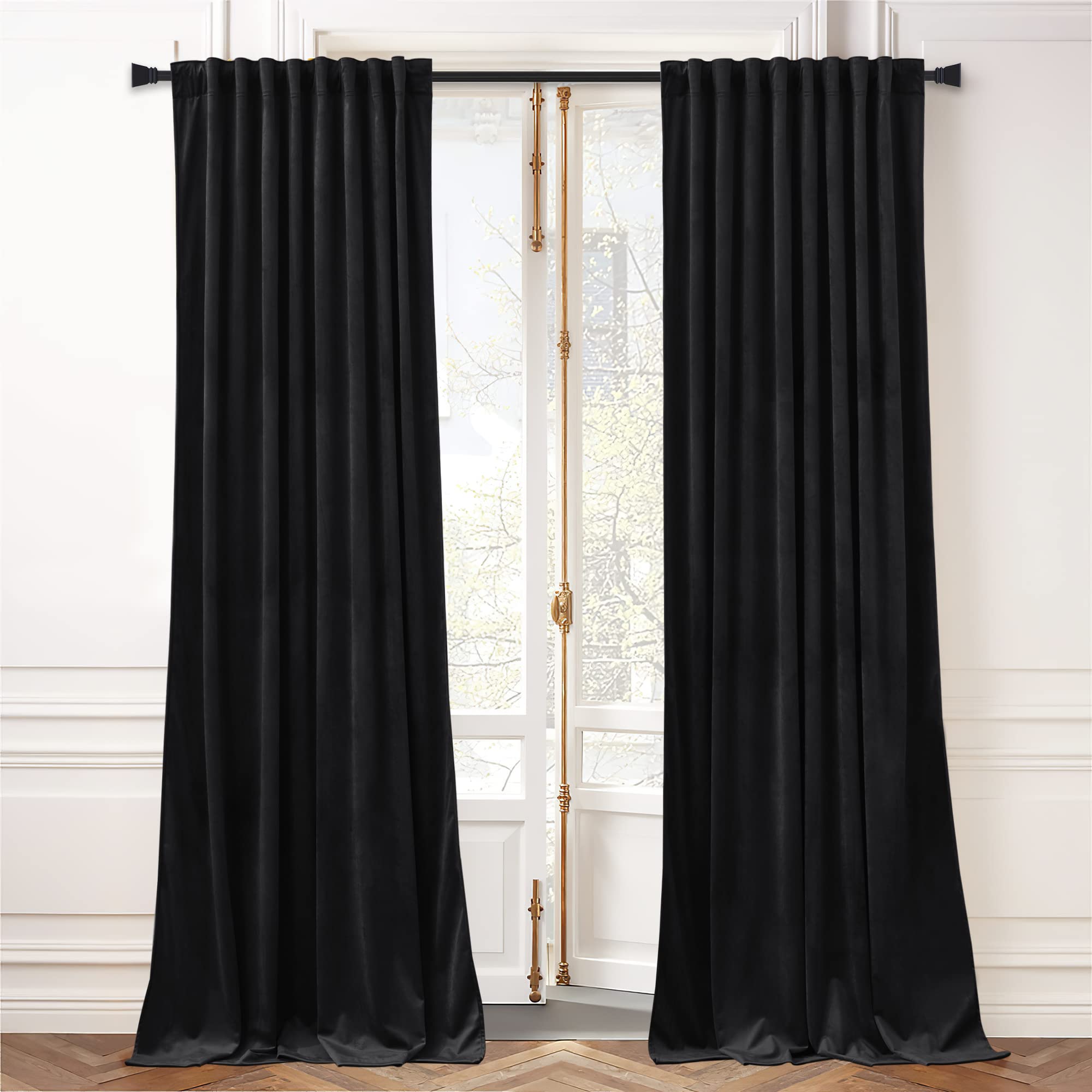 NICETOWN Halloween Black Velvet Curtains for Living Room, Back Tab Velvet Drapes, Solid Heavy Matt Rod Pocket Drapes/Window Treatments for Hall, Theater (2 Pieces, 96 inches Long)