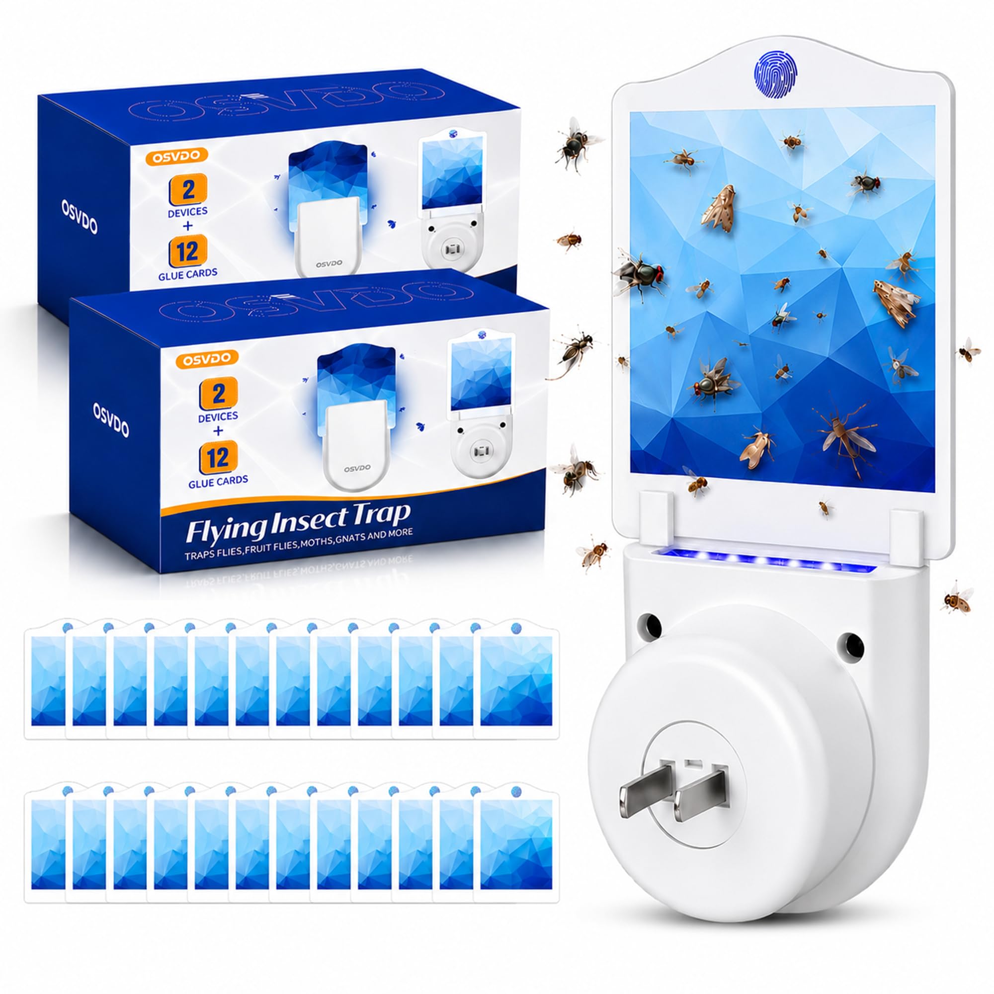 Trampas para moscas de la fruta para interiores (4 dispositivos y 24 tarjetas de pegamento), atrapamoscas voladoras con luz UV azul para mosquitos, moscas de casa, polillas, atrapamoscas de 400 pies