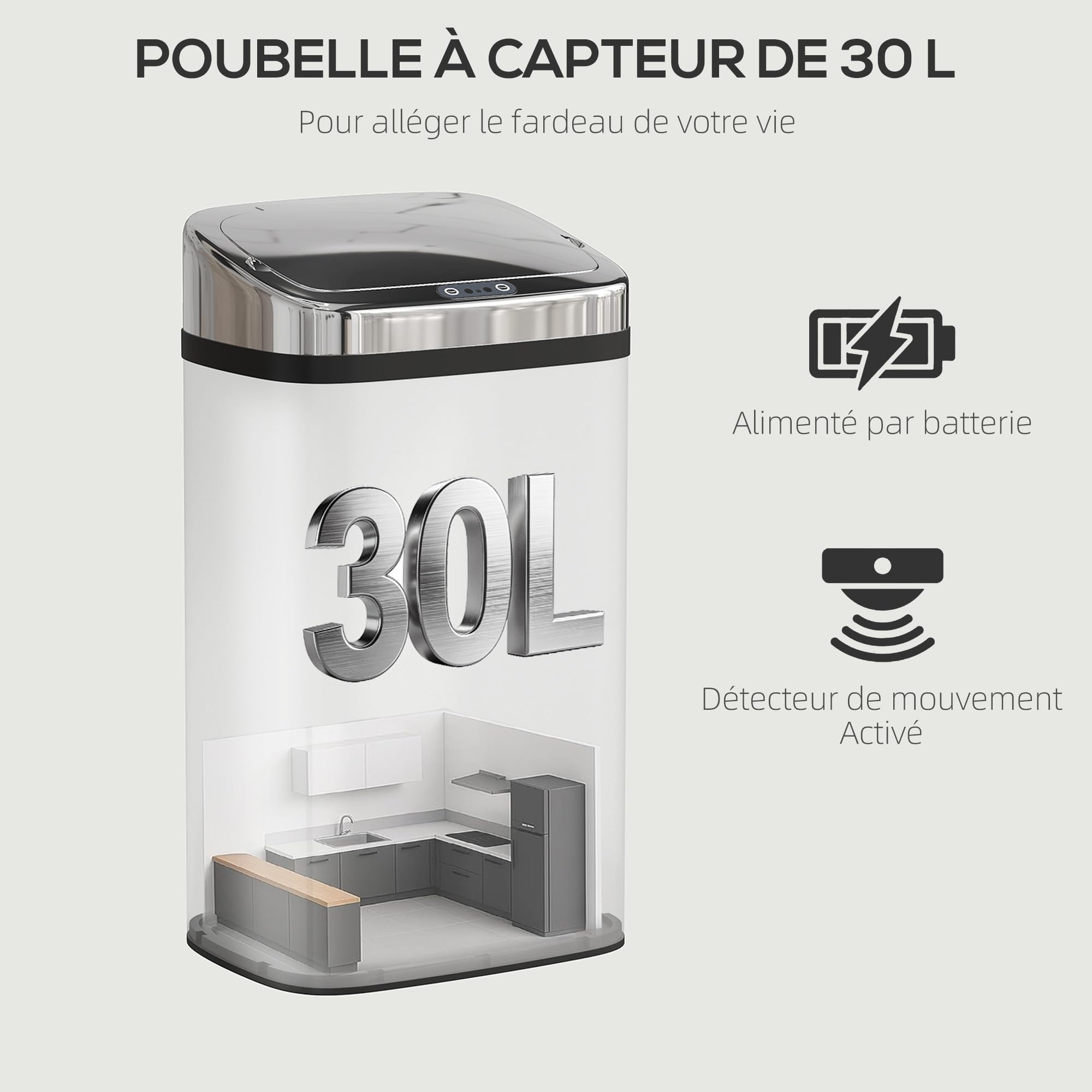 HOMCOM Poubelle à Capteur de Mouvement Ouverture Automatique 30 L