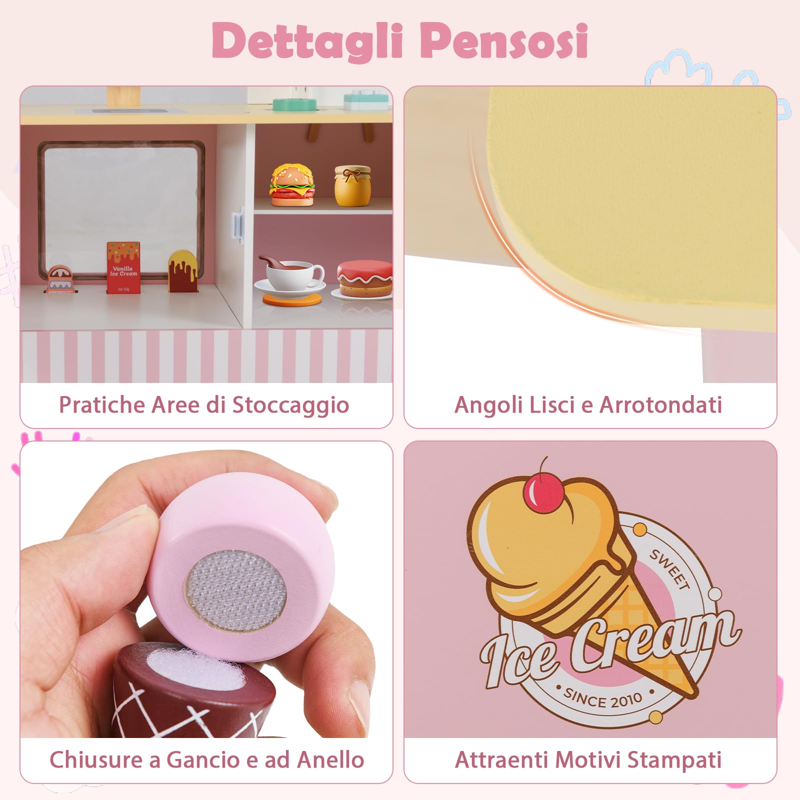 RELAX4LIFE Giocattolo Carrello Gelato per Bambini con 15 Pezzi di Giocattoli, Bancarella Gelato con Distributore Automatico, Espositore e Cassa, Carrello Gelato Mobile per Bambini 3+ Anni (ROSA)