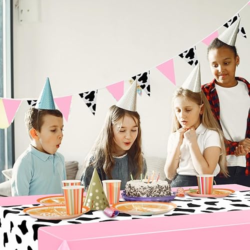 Miniatura 7 de Oudain Mantel de vaquero rosa de 54 x 108 pulgadas, 6 piezas de 9.84 pies, patrón de vaca, banderines de plástico con temática de vaca, mantel