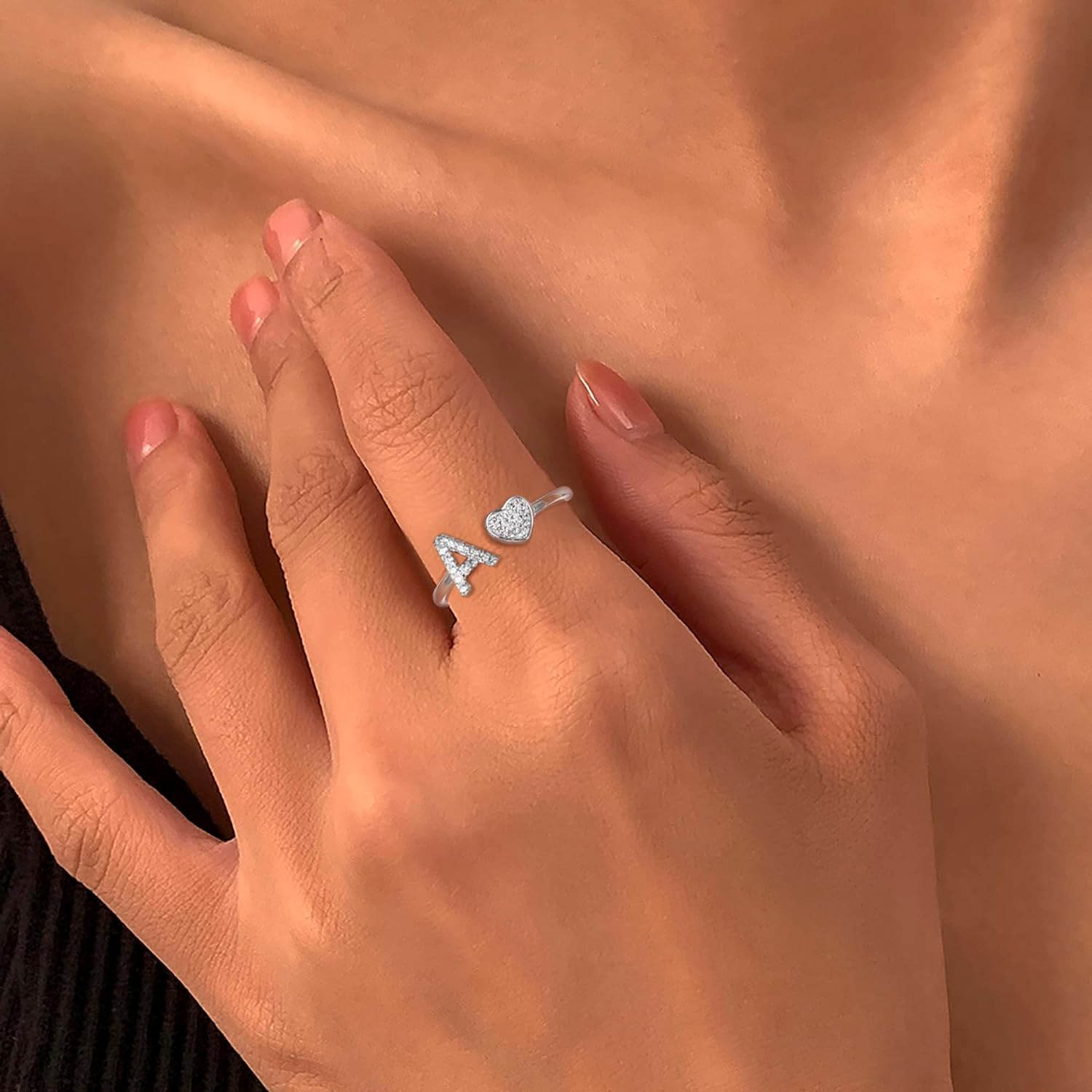 Diamday Plata de Ley S925 Ajustables Iniciales Anillos Mujeres Niñas Corazón Apilables Alfabeto Anillos Personalizado Capital Letra Anillo Inicial Joyería Regalos para Cumpleaños Navidad San Valentín