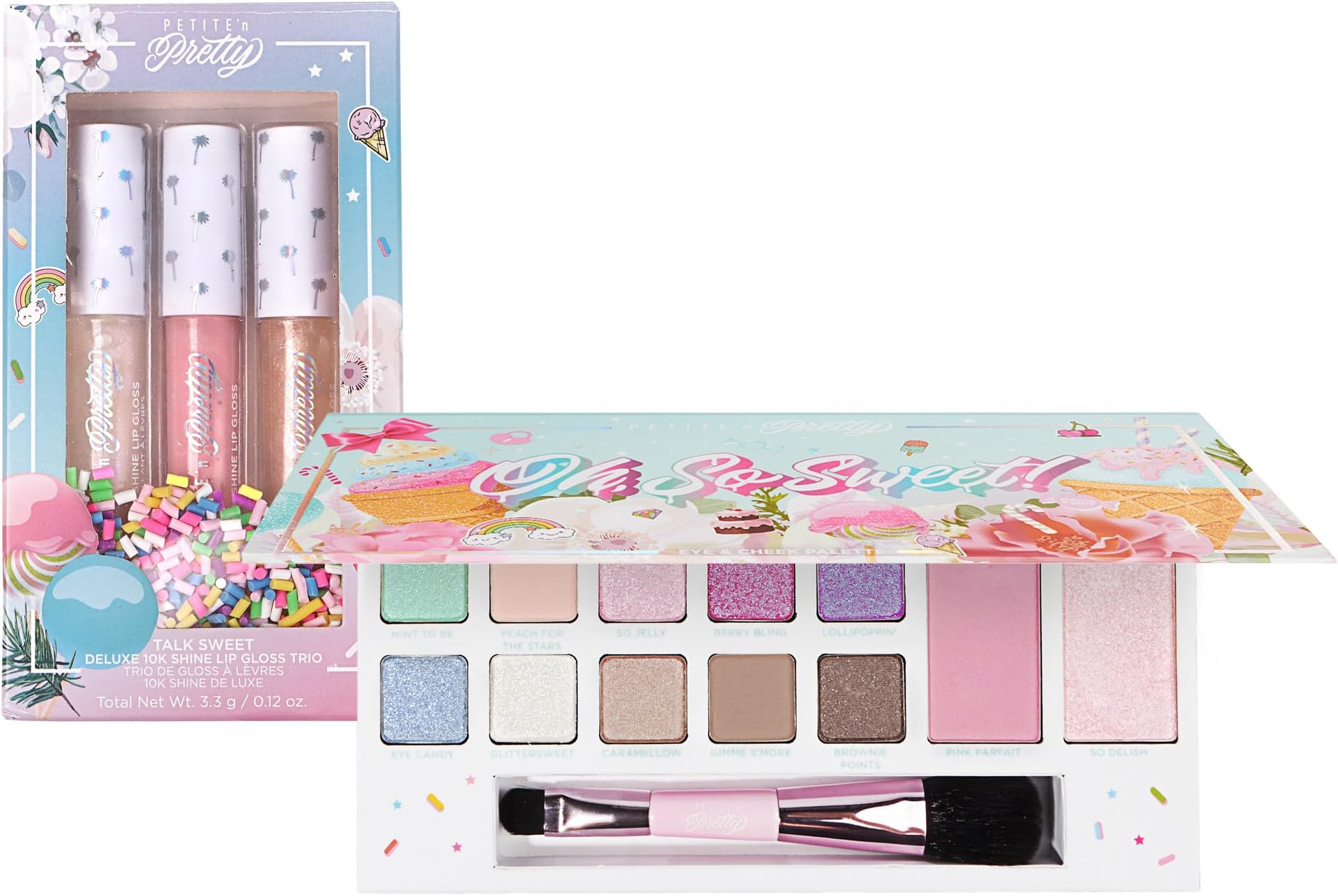 Petite n' Pretty Sugar Coated Glow Makeup Set | Lip Gloss Trio, Eye & Cheek Palette Makeup Kit | Non-Toxic, Natural Makeup for Children, Tweens and Teens | Made in The USA
