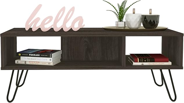 Vassel Coffee Table, Hairpin Legs, Two Shelves -Espresso