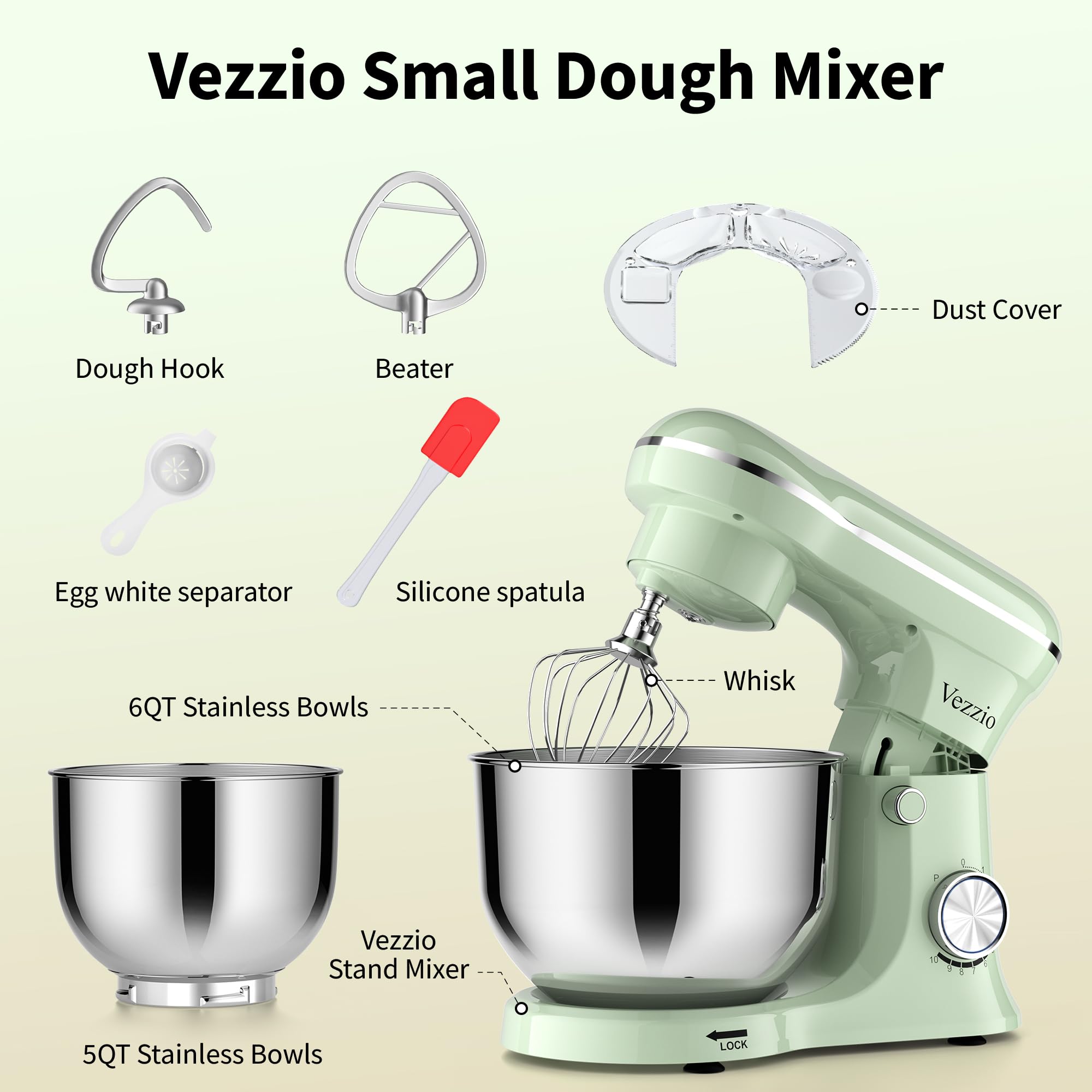 Vezzio Batidora Amasadora de Repostería 1500W, Doble Cuenco de Acero Inoxidable (5 QT y 6 QT), 10 Velocidades, con Batidor, Gancho y Varilla Plana, Ideal para Cocina y Repostería en Casa(Verde)