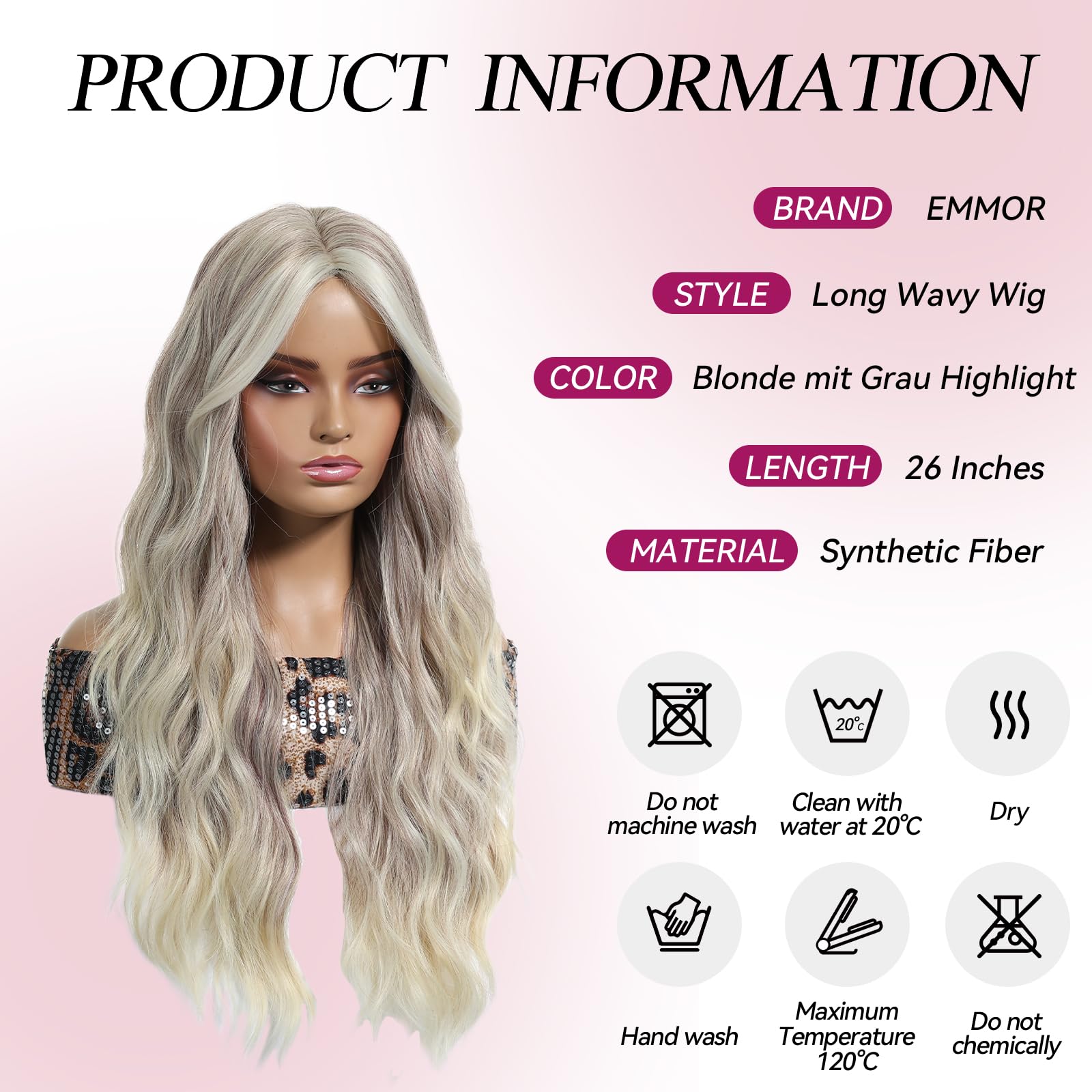 EMMOR Damen Lange Wellenperücke, Geschichtete Lockenperücke mit Mittelscheitel, 26 inches natürliche hitzebeständige synthetische Haare(Blonde & Grau Perücke)