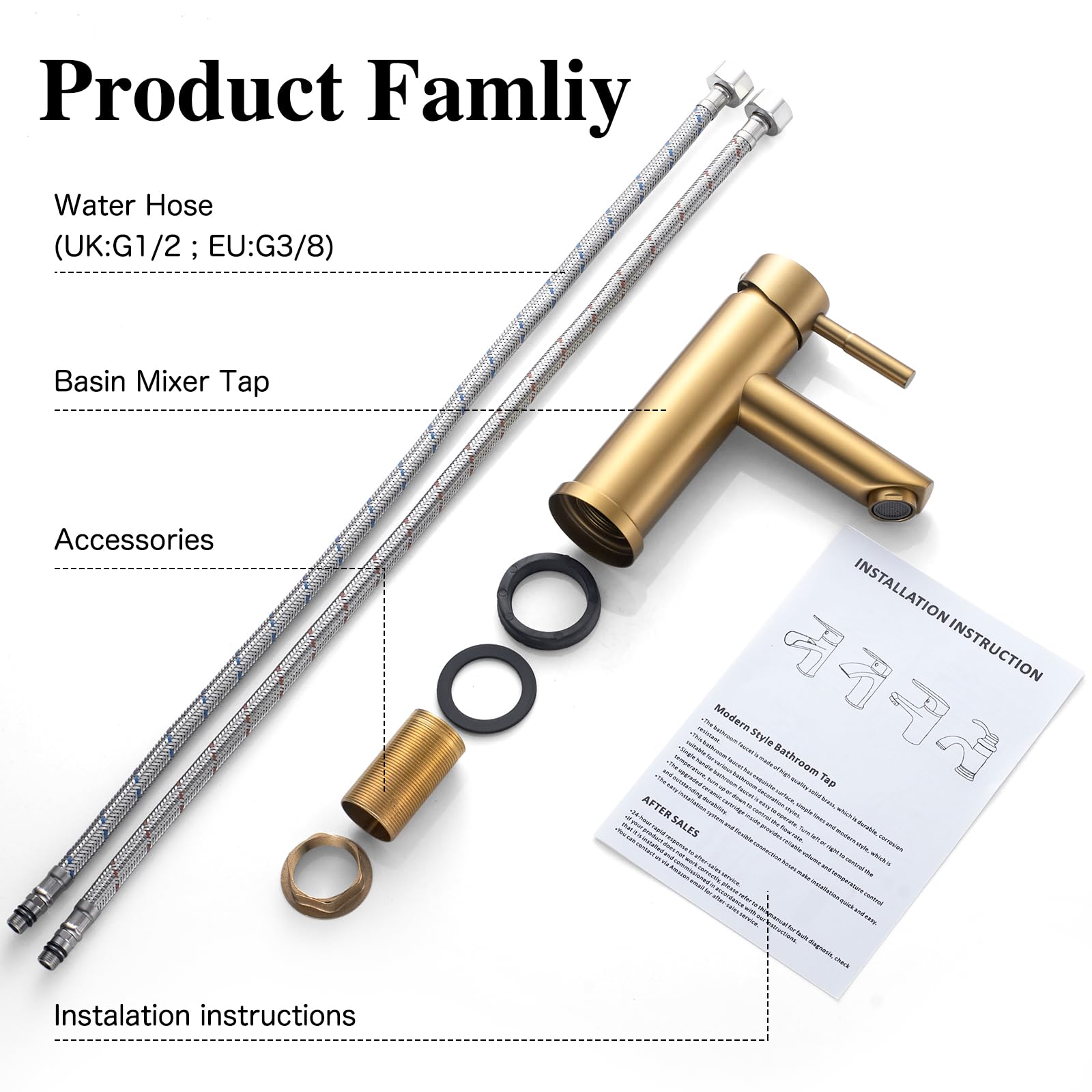 kisimixer Wasserhahn Bad, Einhebel-Waschtischarmatur 304 Edelstahl, Einloch Mischbatterie Waschbecken, Armatur Badezimmer für Kalt-/Warmwasser, Gebürstetes Gold Messing