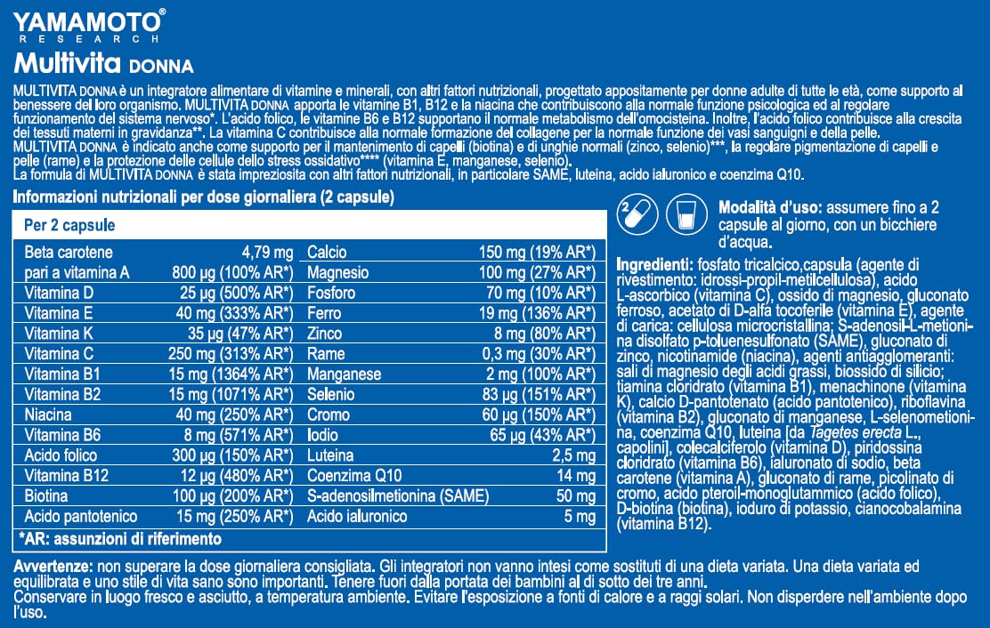 YAMAMOTO RESEARCH Multivita DONNA 30 Capsule, Integratore Alimentare Multivitaminico e Multiminerale, Supporto Completo al Benessere dell'Organismo, Azione Antiossidante
