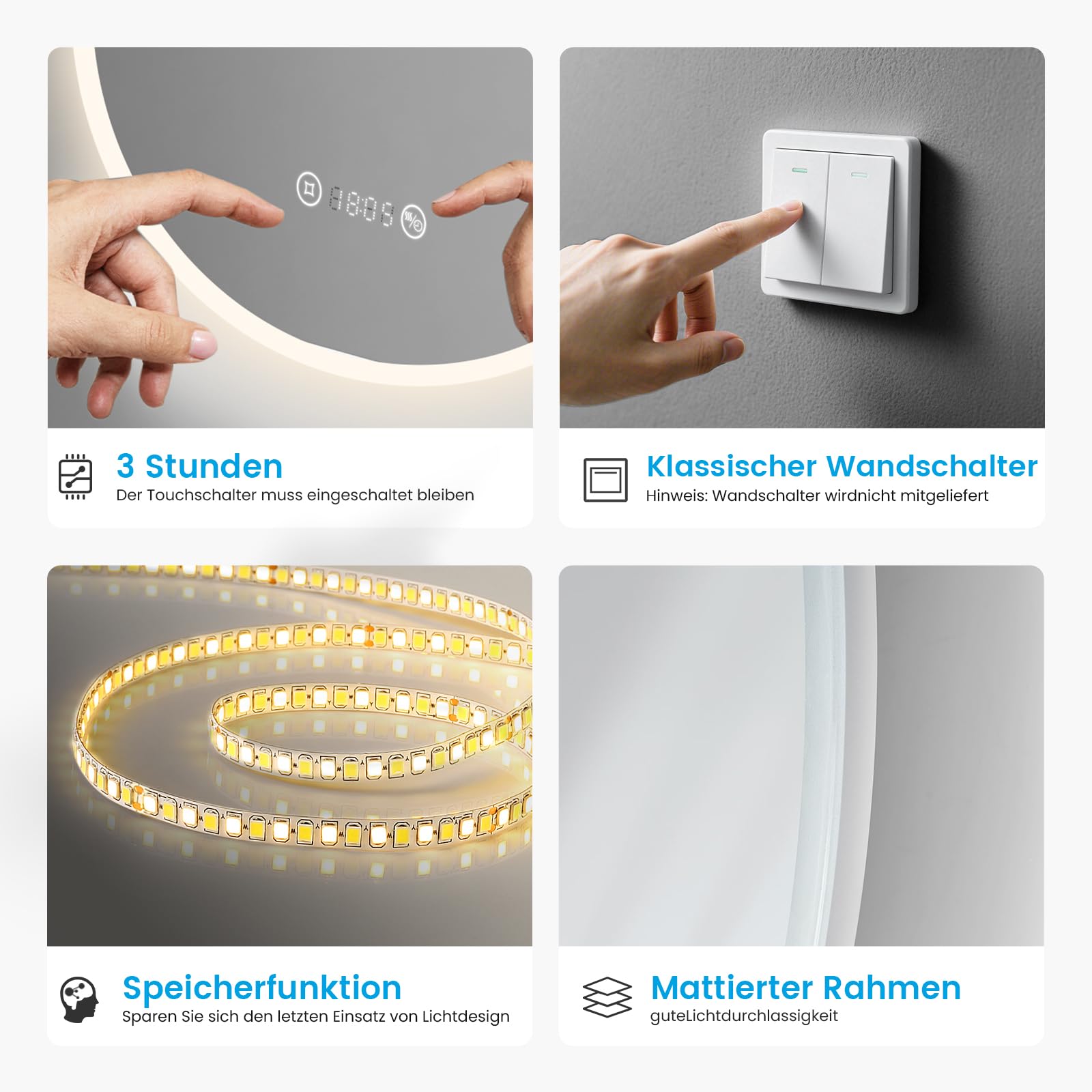 Heilmetz Badspiegel mit Beleuchtung Rund 70cm, LED Badezimmerspiegel mit Uhr, Antibeschlag, Touch, 4300K Warmweiß Licht, Spiegel mit Beleuchtung für Bad