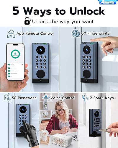 Miniatura 2 de Anweller Cerradura de puerta inteligente con cámara, cerrojo WiFi con timbre de video, huella dactilar biométrica electrónica sin llave cerradura de