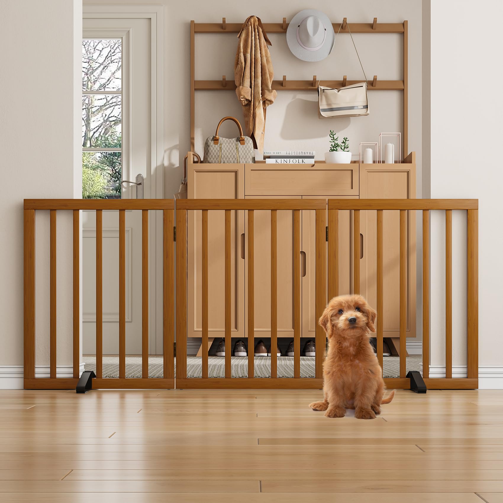 Morwdxef Freistehendes Hundegitter aus Bambus, Faltbares Absperrgitter Hund Freistehend für Wohnung Türen Treppen, Welpengitter Erweiterbar bis 140 cm Breit