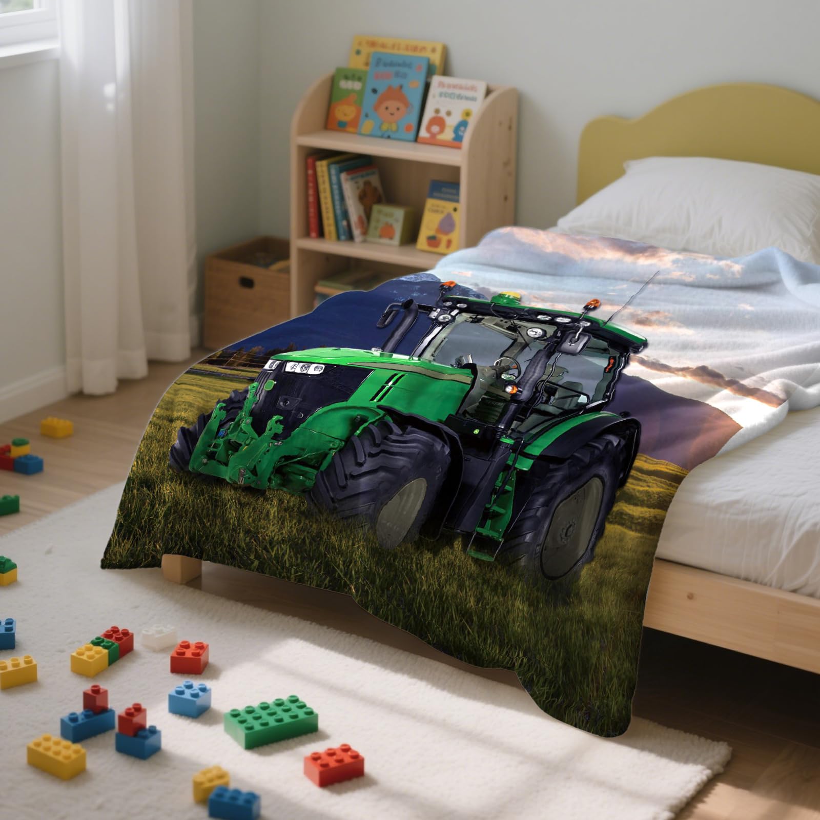 LXTOPN Coperta per trattore, coperta per bambini, a tema Farm, in flanella, calda e soffice, per ragazzi e ragazze (trattore verde, 150 x 200 cm)
