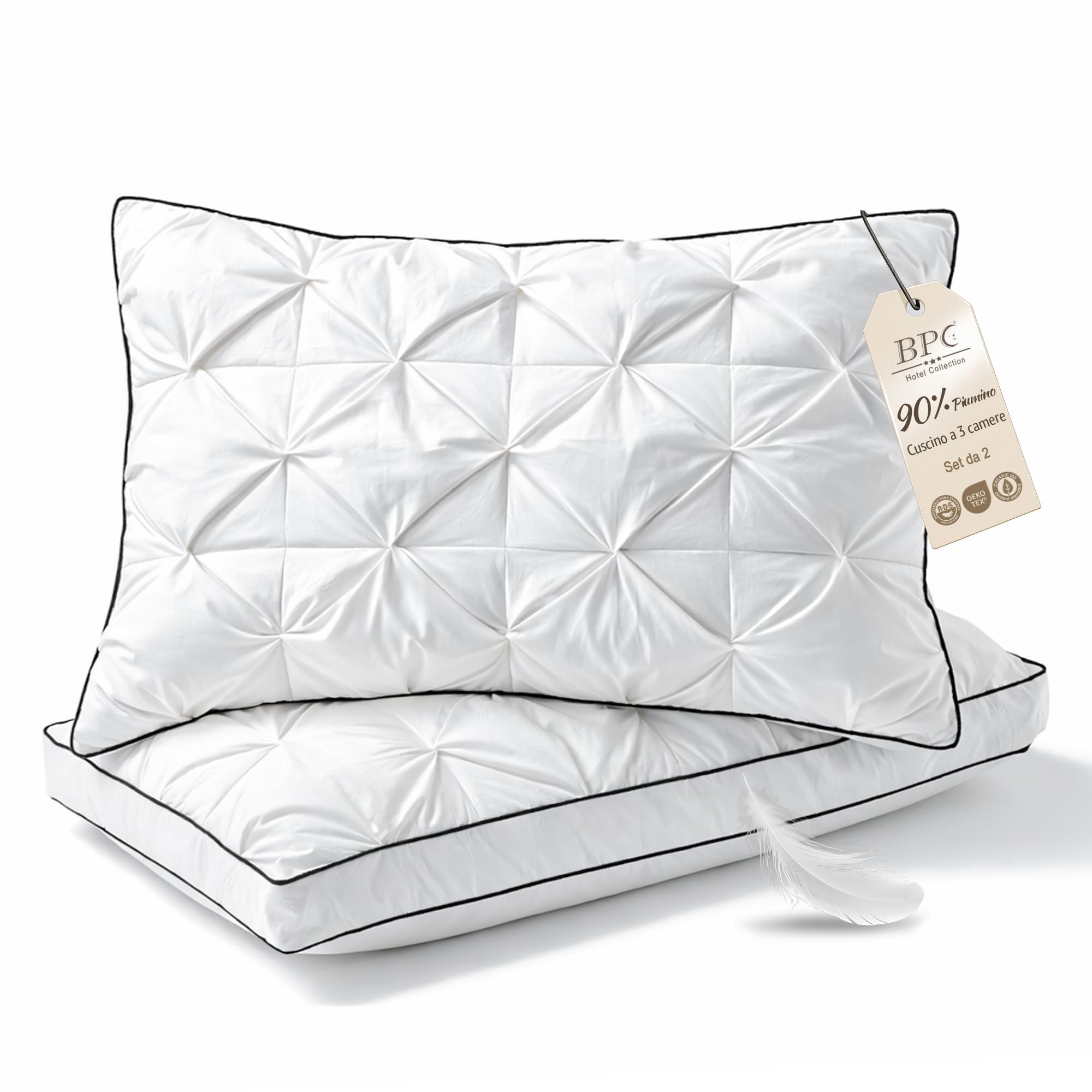 BPC Cuscino 3 Camere Piuma d'Oca, Bianco，50x75cm(set di 2) | 90% Piuma Esterna，100% Cotone Biologico，Qualità dell'hotel，Lavabile