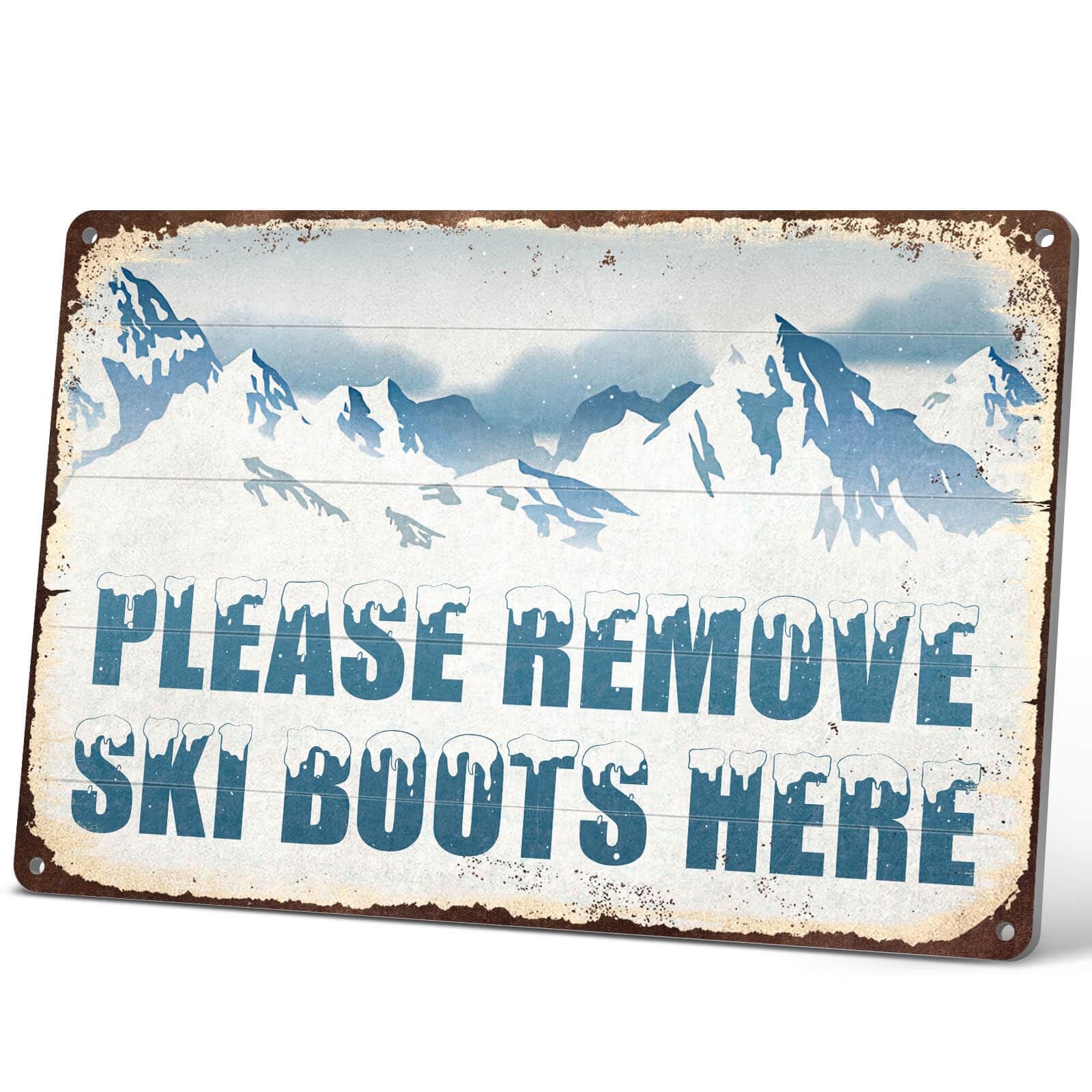 HYBLOM Vintage Ski Sign Please Remove Ski Boots Here Sign for Ski Lodge Decor, Apres Ski Party Decorations, Skiing Wall Art for Home, Cabin, Chalet Metal 12x8 Inch
