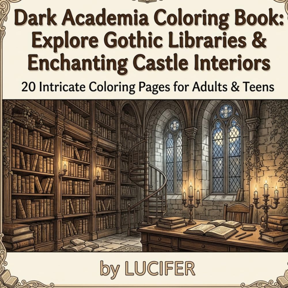 Dust & Knowledge: Dark Academia Libraries & Castle Interiors Coloring Book: 20 Intricate Coloring Pages for Adults & Teens