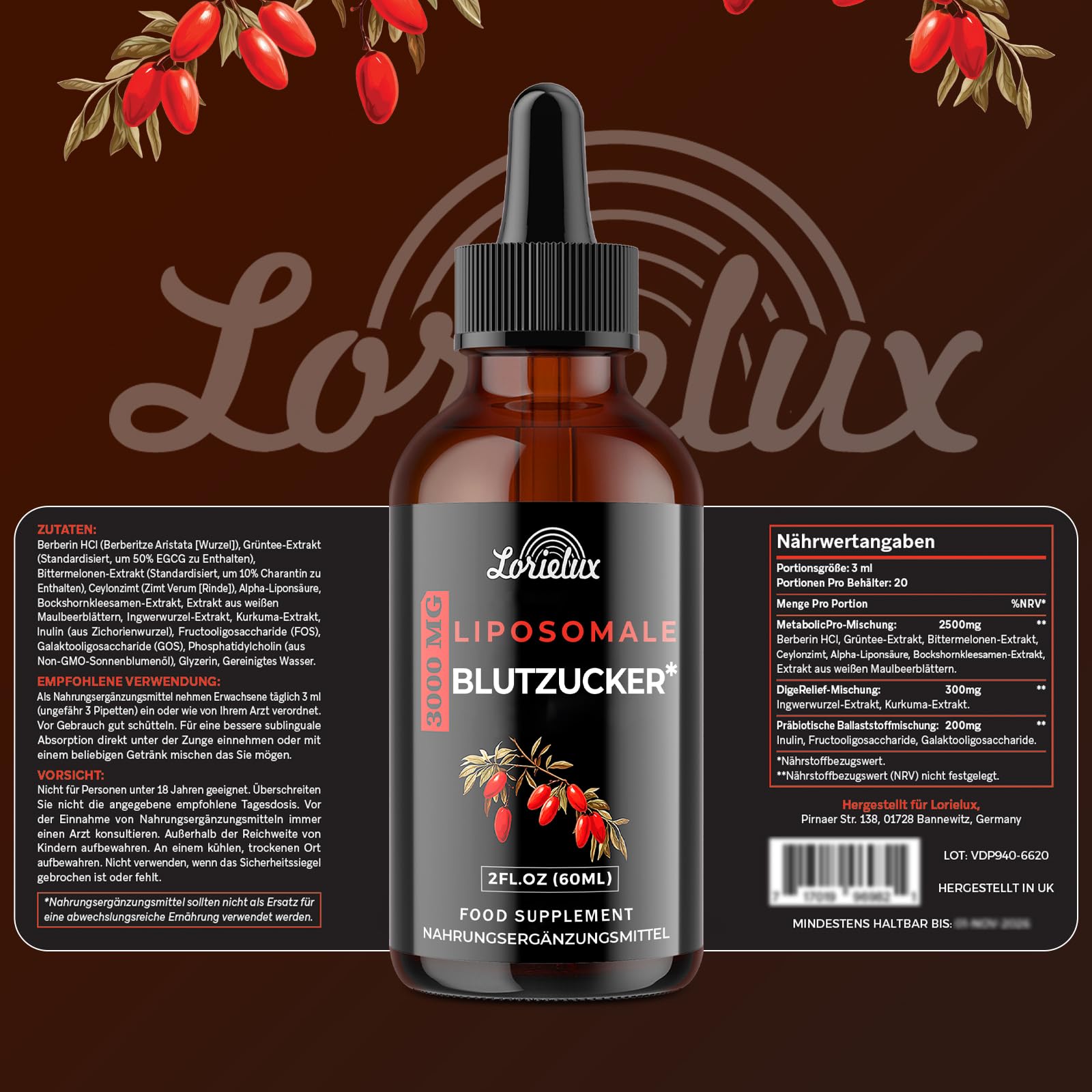 Liposomale Berberin Tropfen, 3000mg Blutzucker-Unterstützung, mit Grüntee-Extrakt, Ceylon-Zimt und Ingwerwurzel, 60 ml