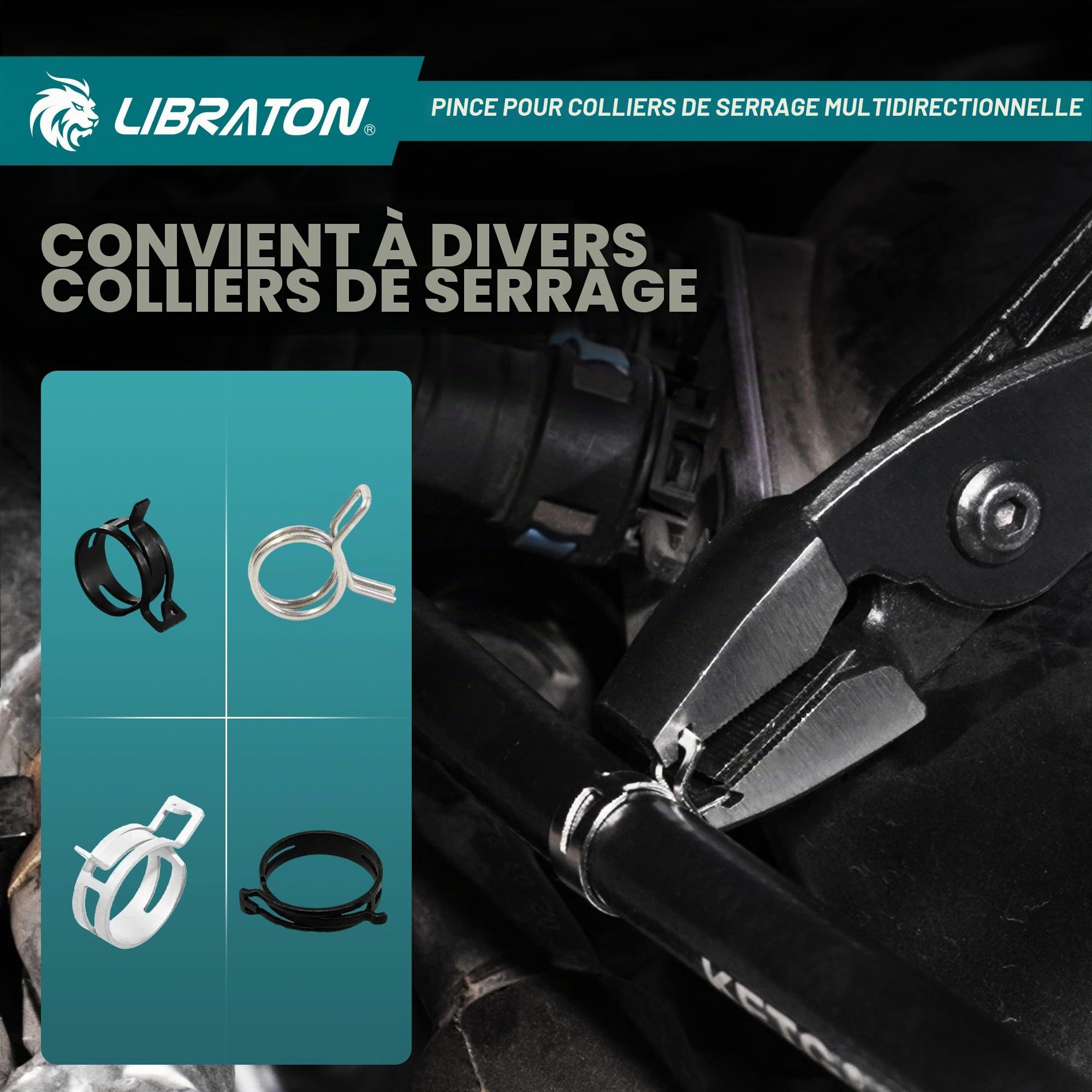 LIBRATON Pince à colliers de serrage multi-angle pour conduites de carburant et tuyaux de radiateur, pince de serrage de voiture pour les espaces étroits, pince pour colliers de serrage, outil de