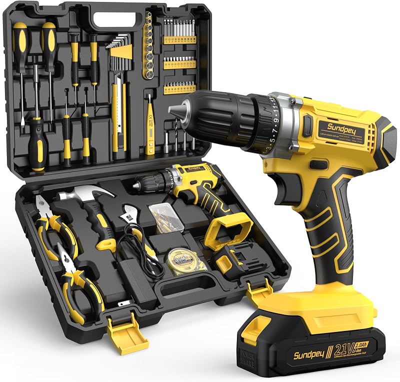 Sundpey 170 Pcs Portable Basic Home Tool Kit Set with 21V Cordless Drill | Tool Box with Adjustable Wrench & 2 Pliers & Hex Keys & Case, for Men Women, for Household House Garage Apartment Dorm Office