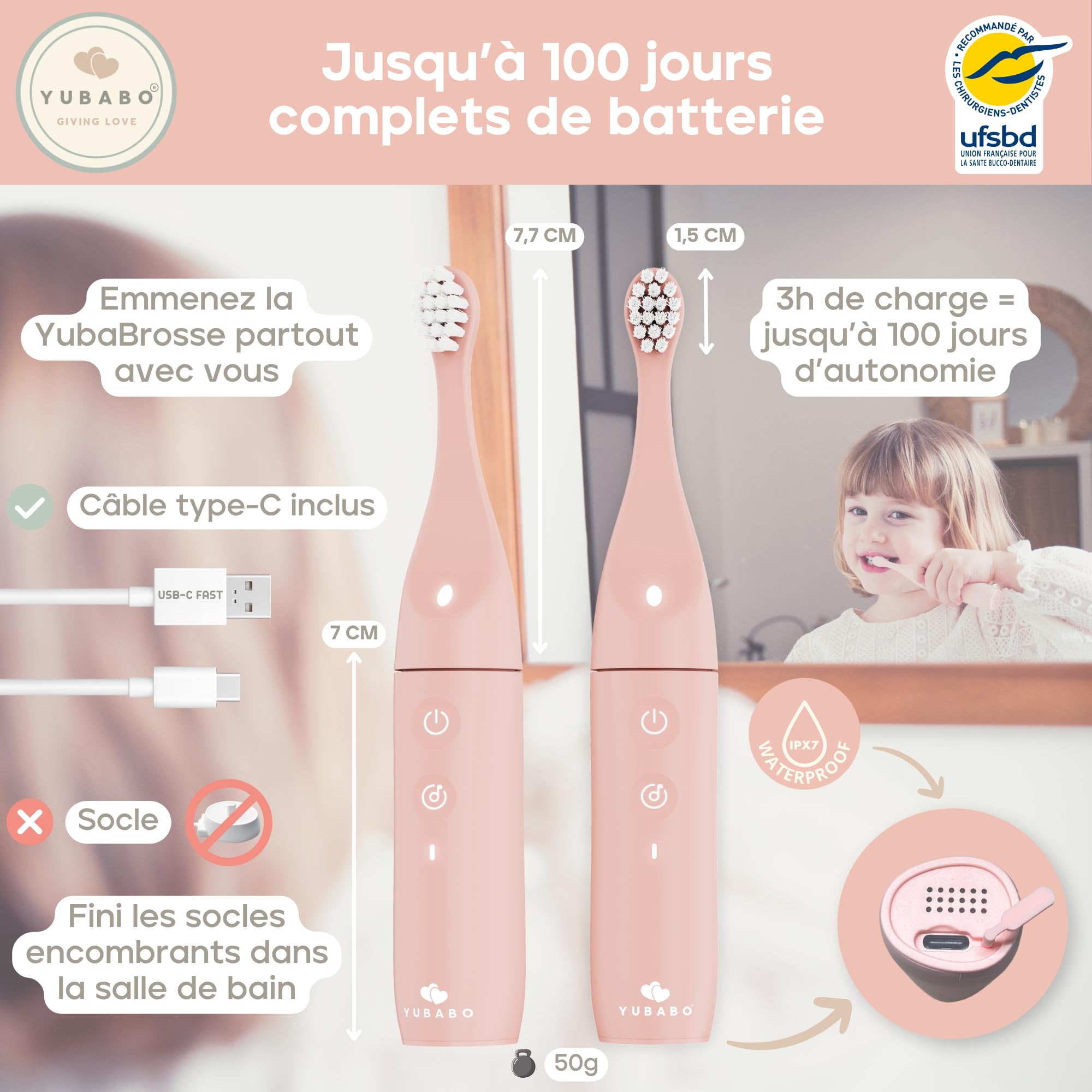 Cepillo de dientes eléctrico infantil musical – Vibración sónica – Recomendado por los dentistas – 100 días de autonomía – Escalable – 2 modos – Temporizador integrado de 2 minutos – 3 a 6