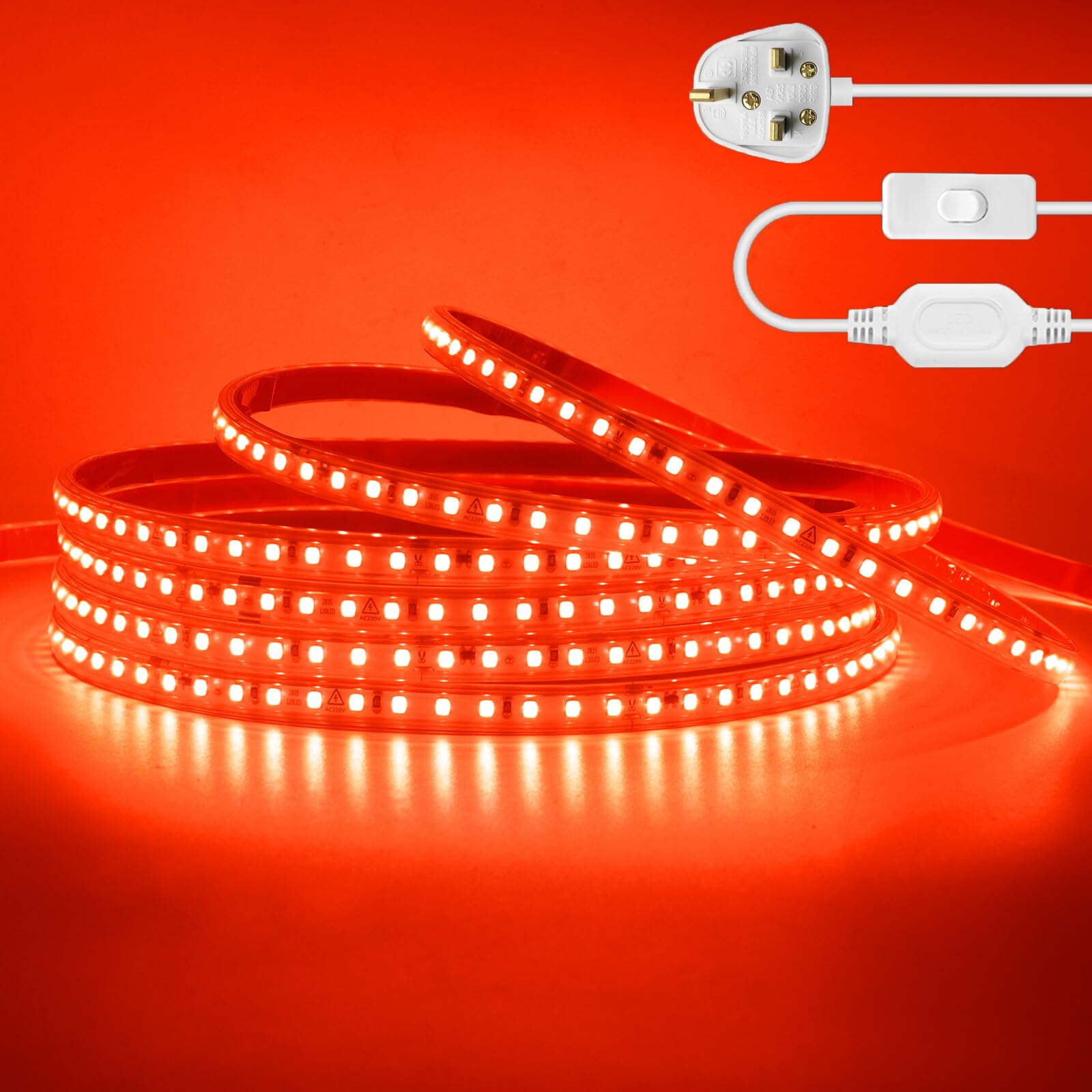 KAFULA 220V LED Strip Light with On/Off [9M,Red],IP65 Waterproof Flexible SMD2835 LED Fairy Lights CRI85+,Every 10cm can be Cut,Bedroom Kitchen Corridor Decoration