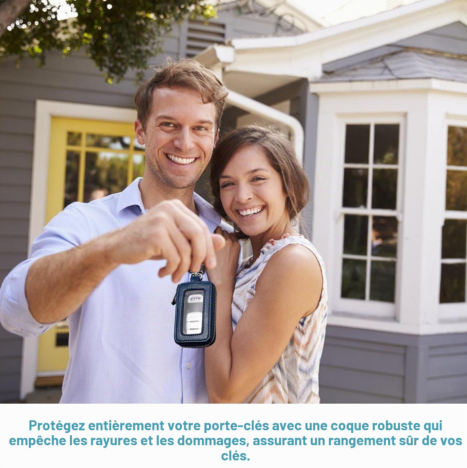 Lot de 2 étuis à clés de voiture : étui à clés vintage en cuir avec fermeture éclair et mousqueton, housse de protection pour porte-clés, étui universel portable (noir, bleu roi)