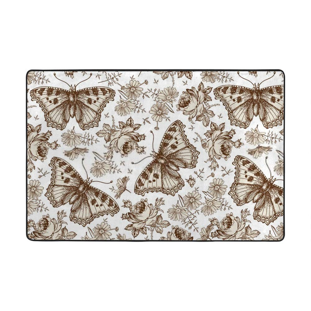 Tapis baroque vintage Ruchen motif papillons et fleurs en velours corail doux