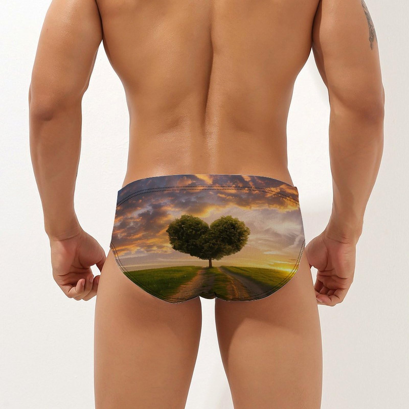 Heart Shape Tree In Sunset Mens Swim Briefs Bikini Swimwear Print Beach Shorts Sexy Swimsuit 3XL