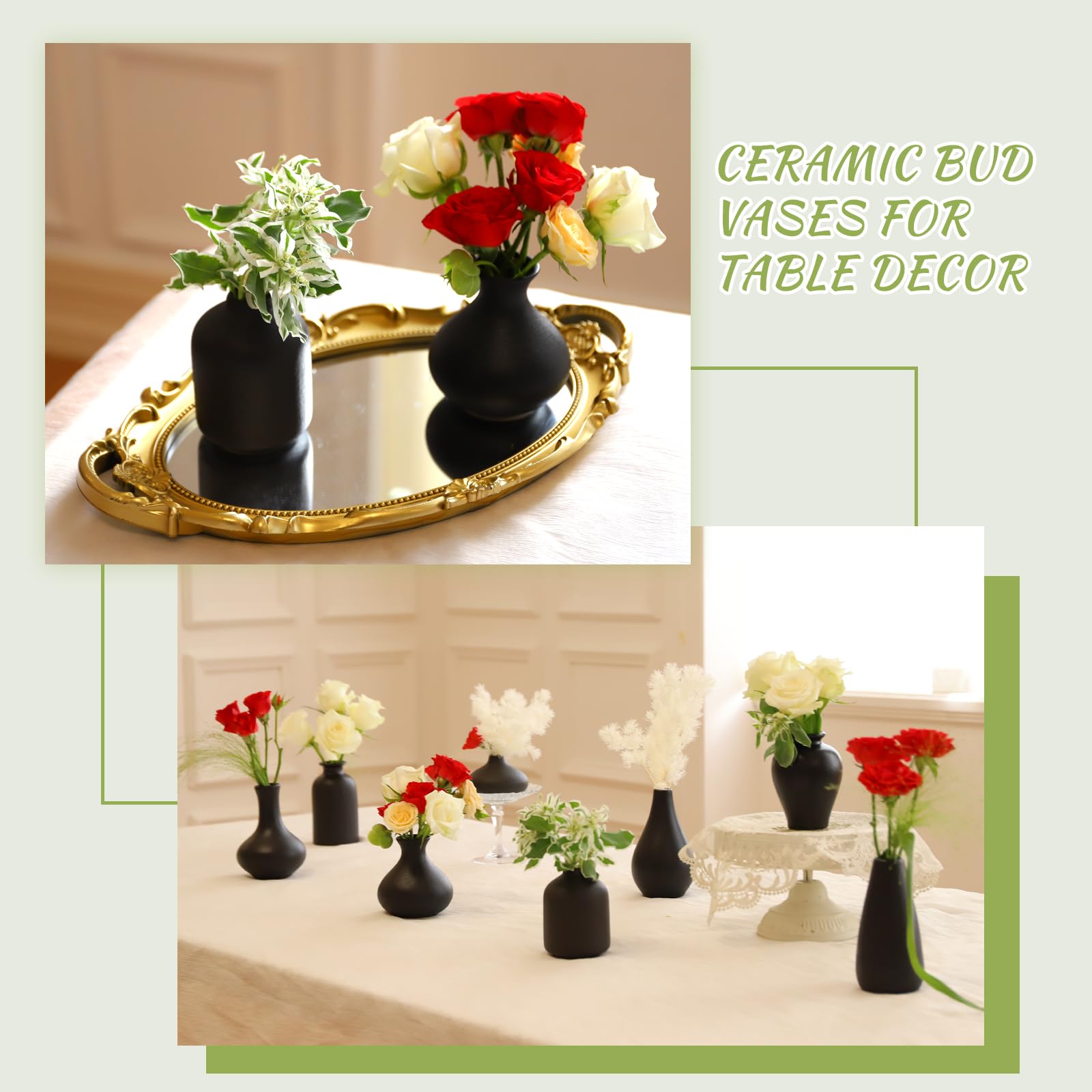 Kleine schwarze Vasen Set von 8 – Mini-Keramik-Vasen für Blumen | Pampasgras, perfekt für Wohnzimmer, Tischdekoration, schwarze Vasen, Heimdekoration, Badezimmerdekoration