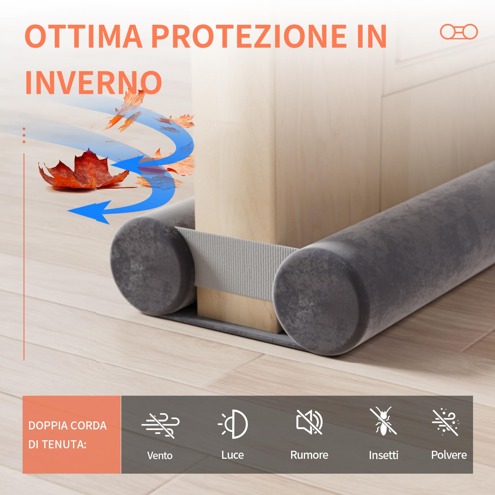 BKSAI Paraspifferi per Porte Guarnizione Inferiore Porte Senza Colla | Paraspifferi Doppia Guarnizione Isolante Termico Insonorizzato Antivento, Paraspifferi Sottoporta per Porte 80-100 cm Grigio