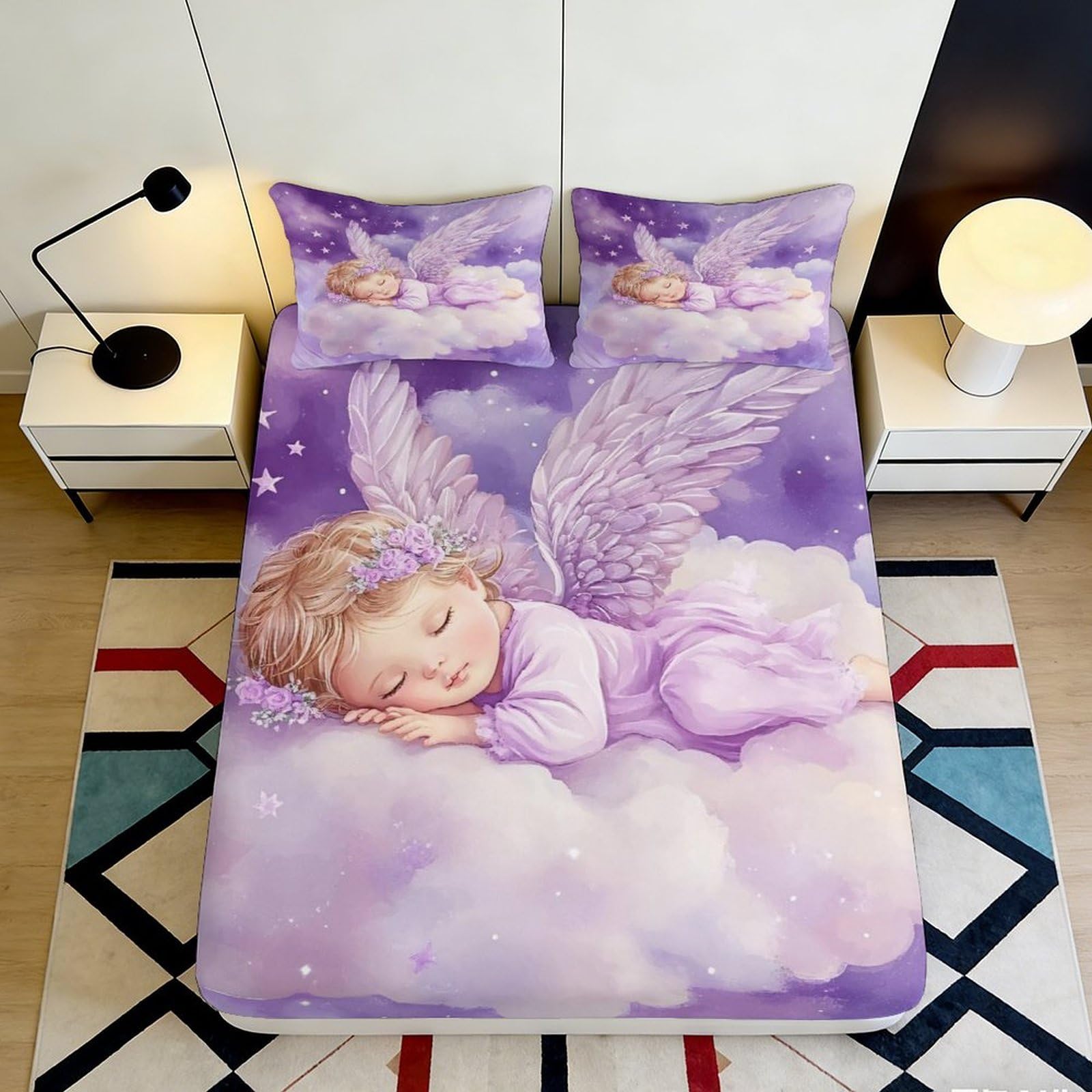 3D Printed Angel Cloud Fitted Sheet Microfiber Purple Soft Breathable Dreamy Sky Mattress Cover for Bedroom Dorm Decor 120x200x25cm