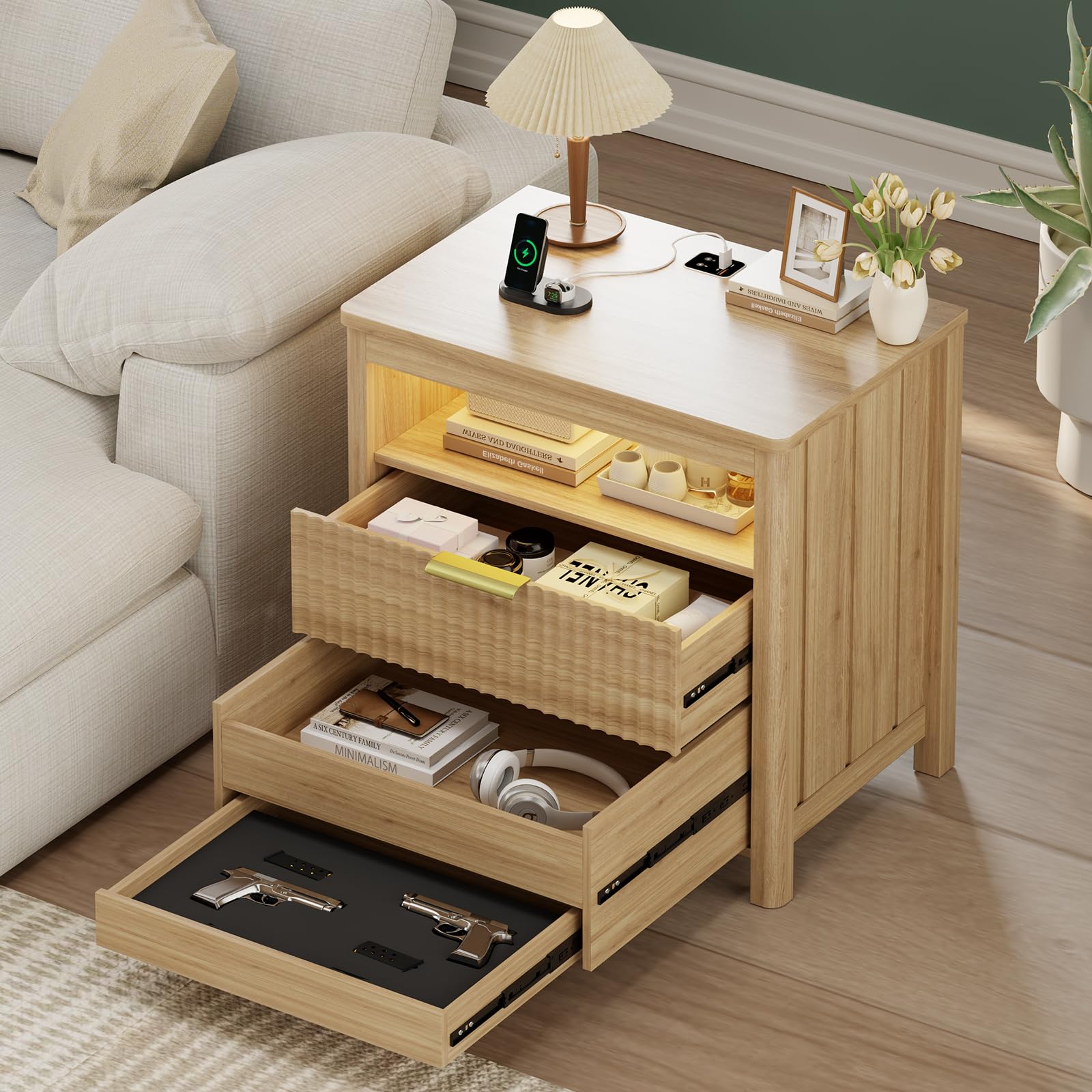 HNEBC Nightstand with Gun Drawer for Bedroom, Wood Night Stand with Hidden Compartment, Auto LED Lighted, Charger Station, 2 Drawer, 23.6" Wider