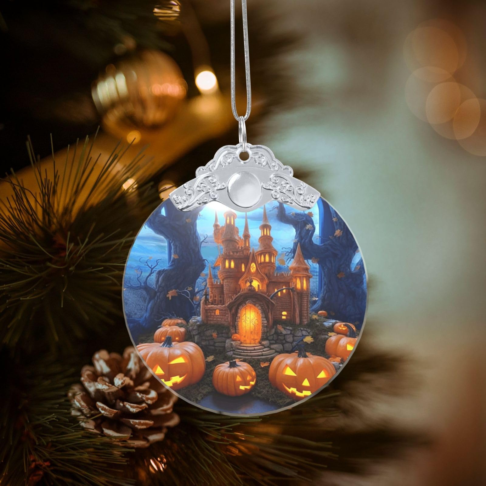 Halloween Castle Pumpkin Christmas Ornament 2025, Round Glass Xmas Hanging Pendant for Xmas Tree Decoration,Cute Holiday Hanging Decorations Keepsake for New Year Family Party Wedding Decor