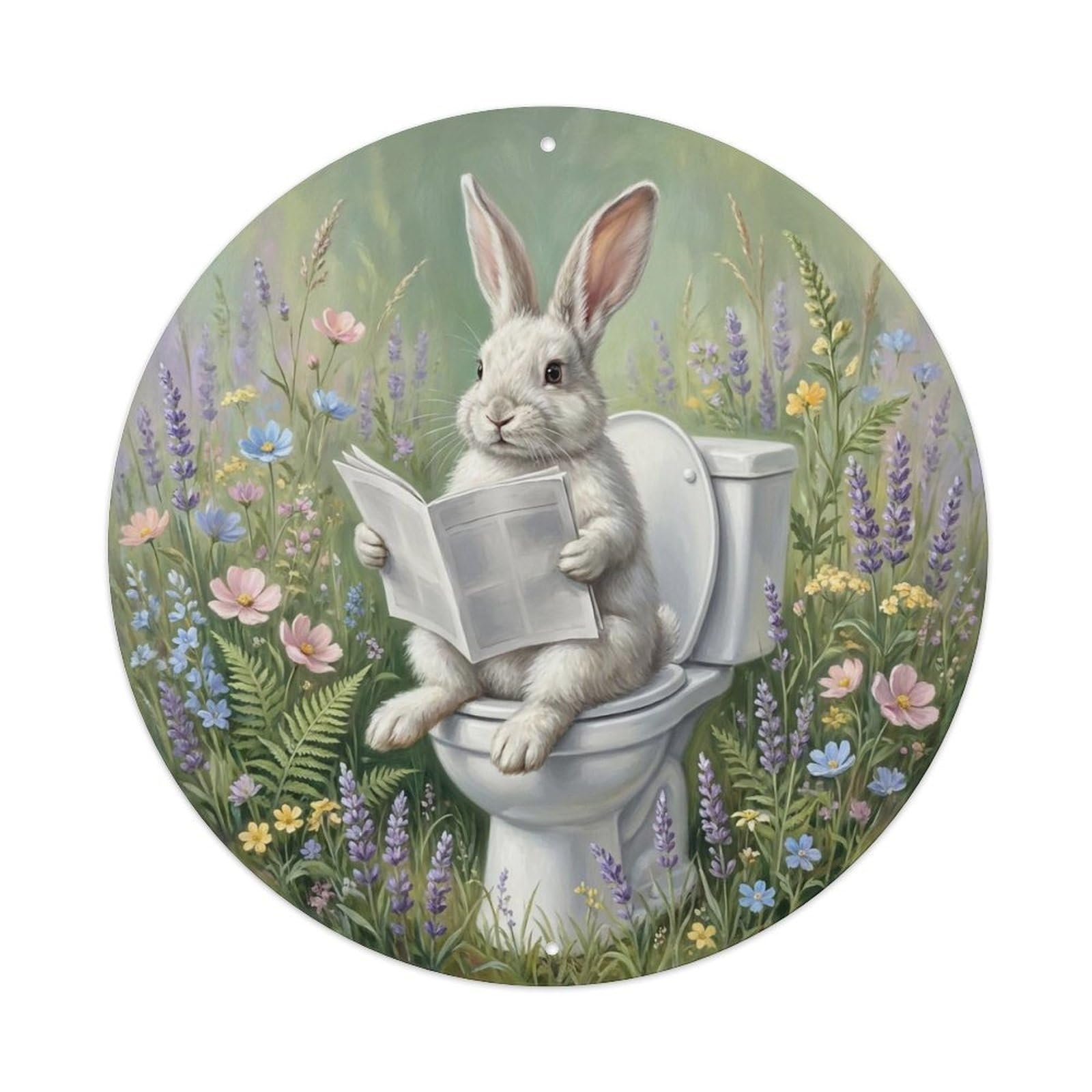 Rabbit On Toilet Humorous Bathroom Meadow Morning Metal Tin Sign