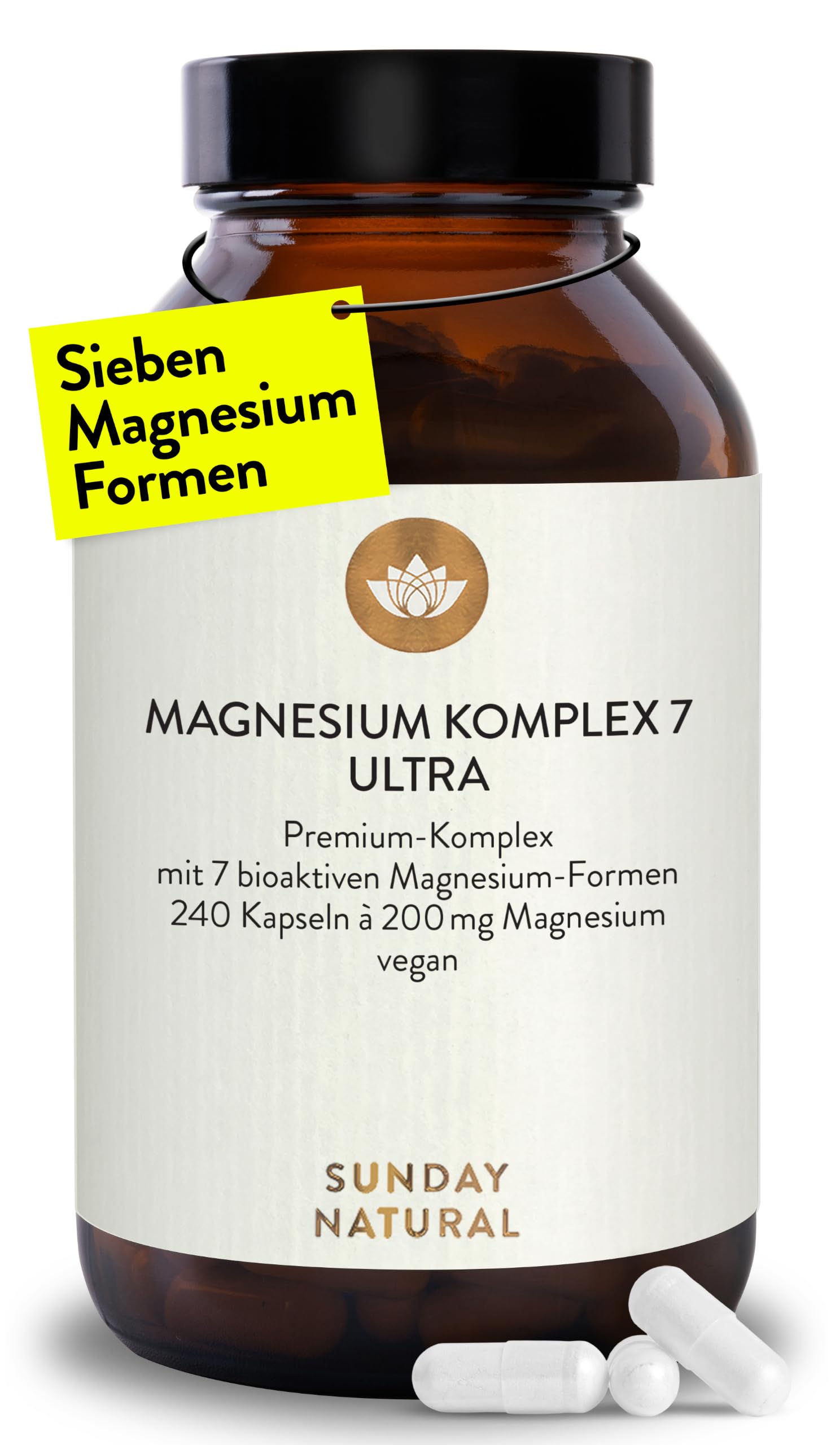 SUNDAY NATURAL® Magnesium Komplex – 240 Kapseln - 400mg pro Tag - aus 7 Verbindungen: Magnesium Bisglycinat  Citrat  Malat  Laktat  Ascorbat  Oxid  Lysinat - Vegan  laborgeprüft