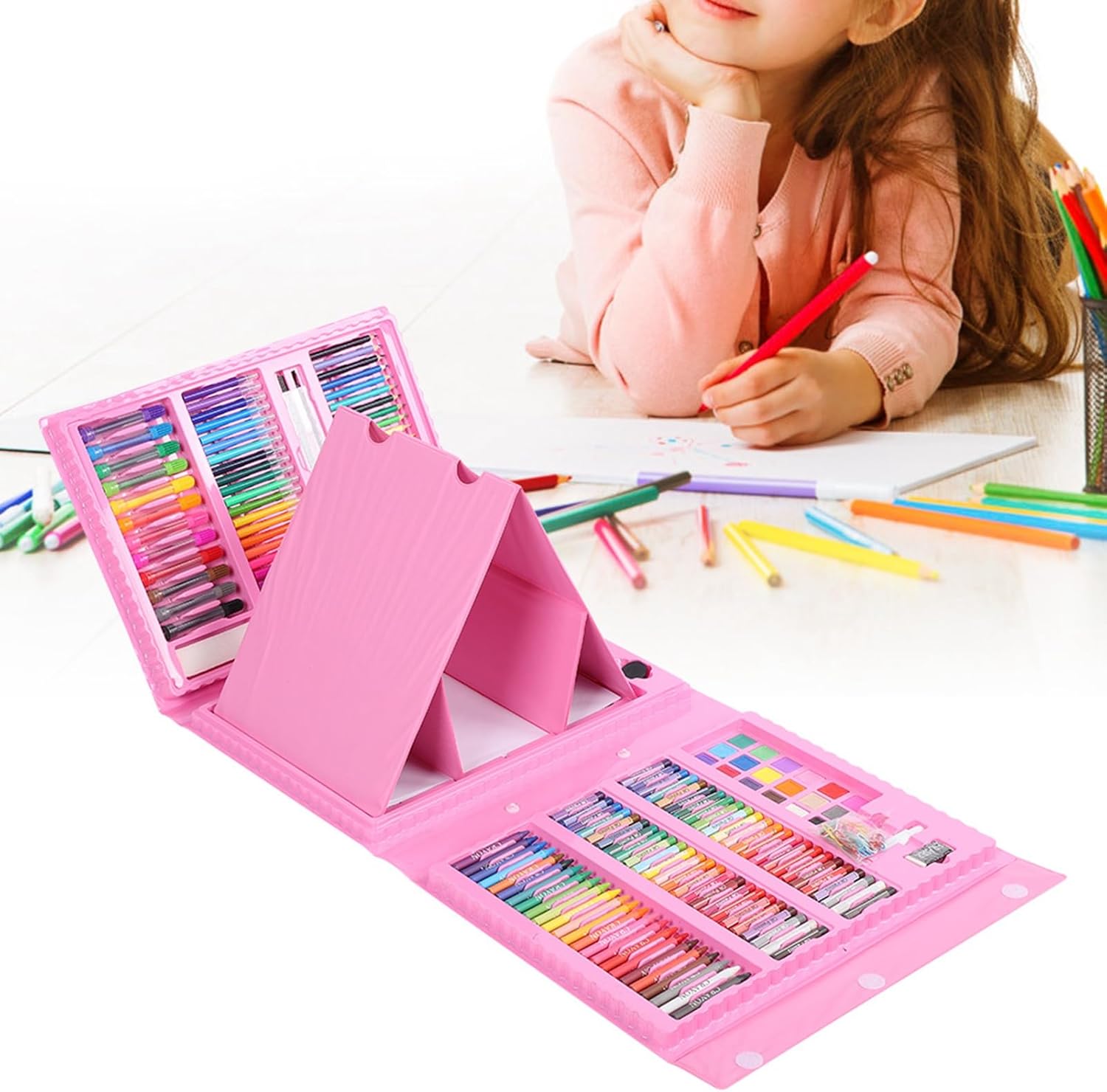Tyenaza Kid Art Set, Water Color Pen Crayon Coloured Pencil Powder Paint Drawing Stationery Tool Pink Gift Case
