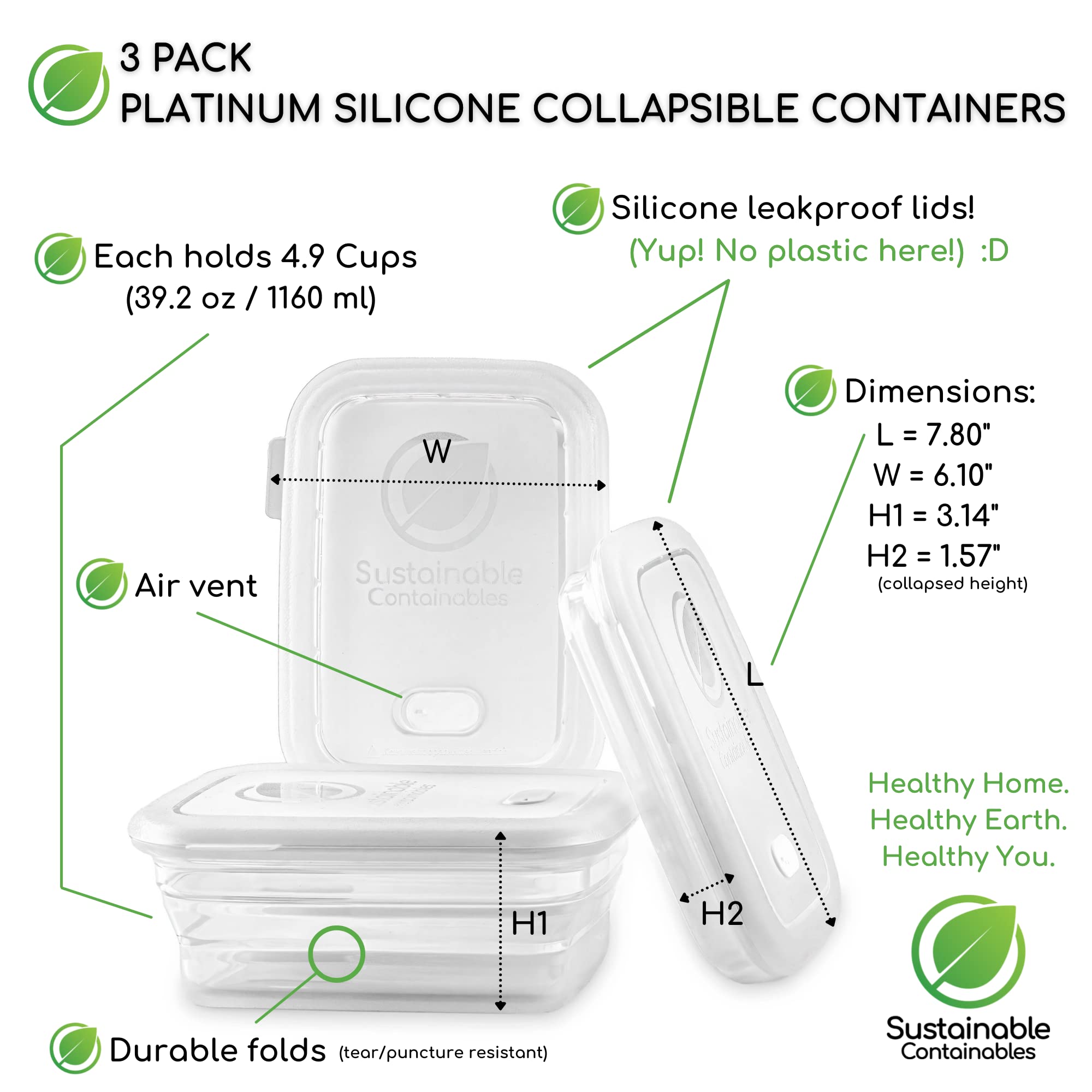 Recipientes plegables de silicona premium para almacenamiento de alimentos con tapas de silicona a prueba de fugas, platino transparente de grado alimenticio, sin BPA, certificado LFGB, compactos,