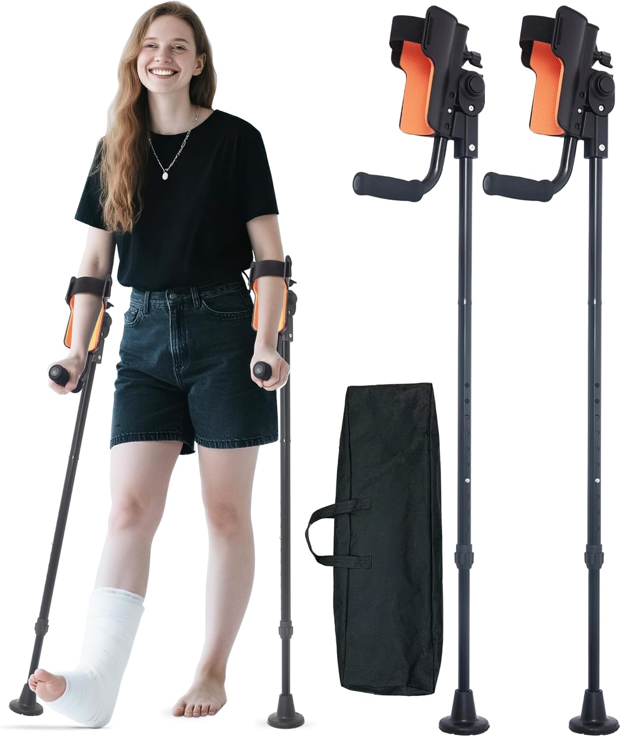 Forearm Crutches for Adults, 3-Angle Adjustable Elbow & Height, Lightweight Foldable Aluminum Crutches with Non-Slip Straps for Elderly, Post-Surgery & Disabled (Pair)
