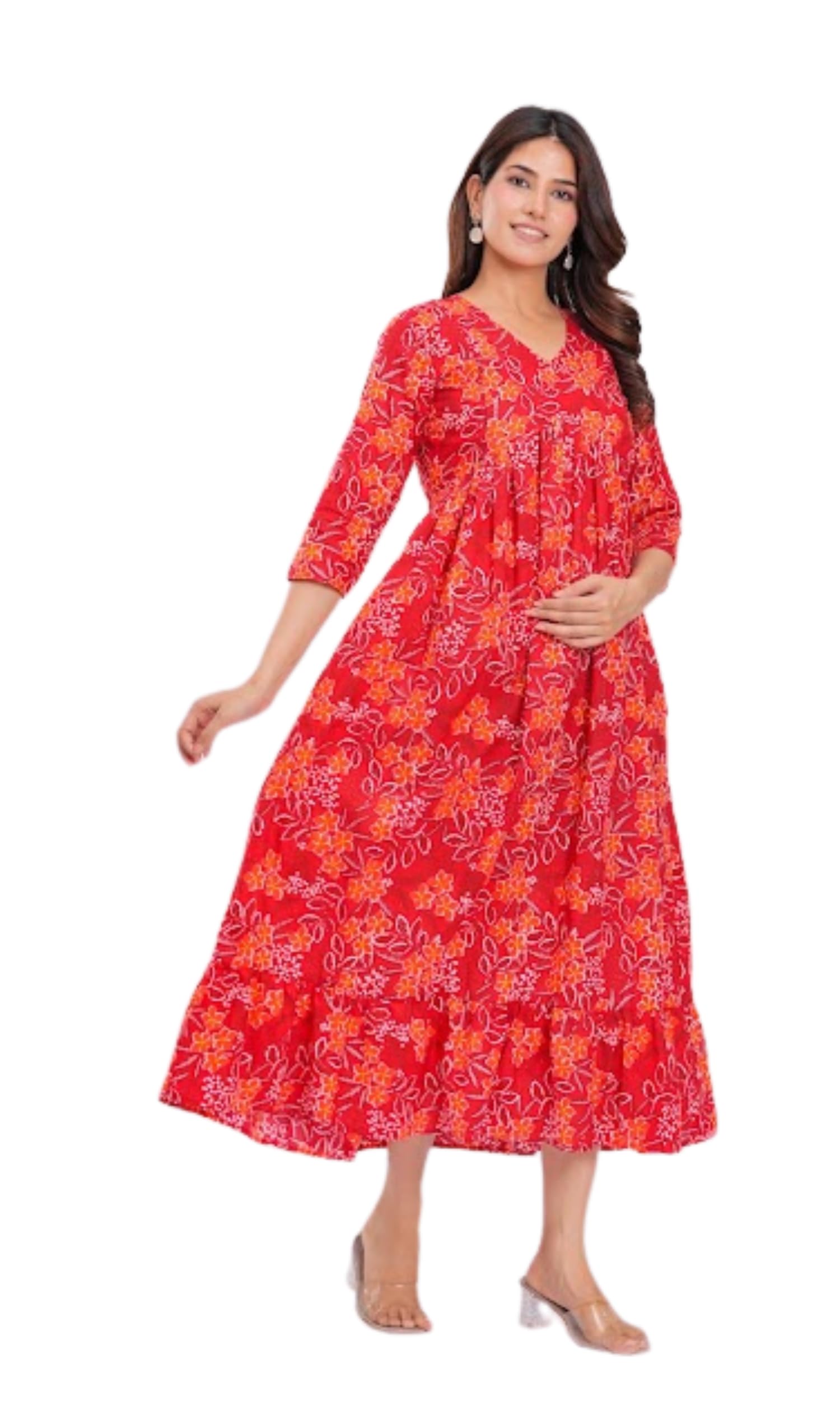 Womens Cotton Fabric V-Neck 3/4 Sleeves Printed Long Maxi Length Maternity Dress in Red 3XL-image-19