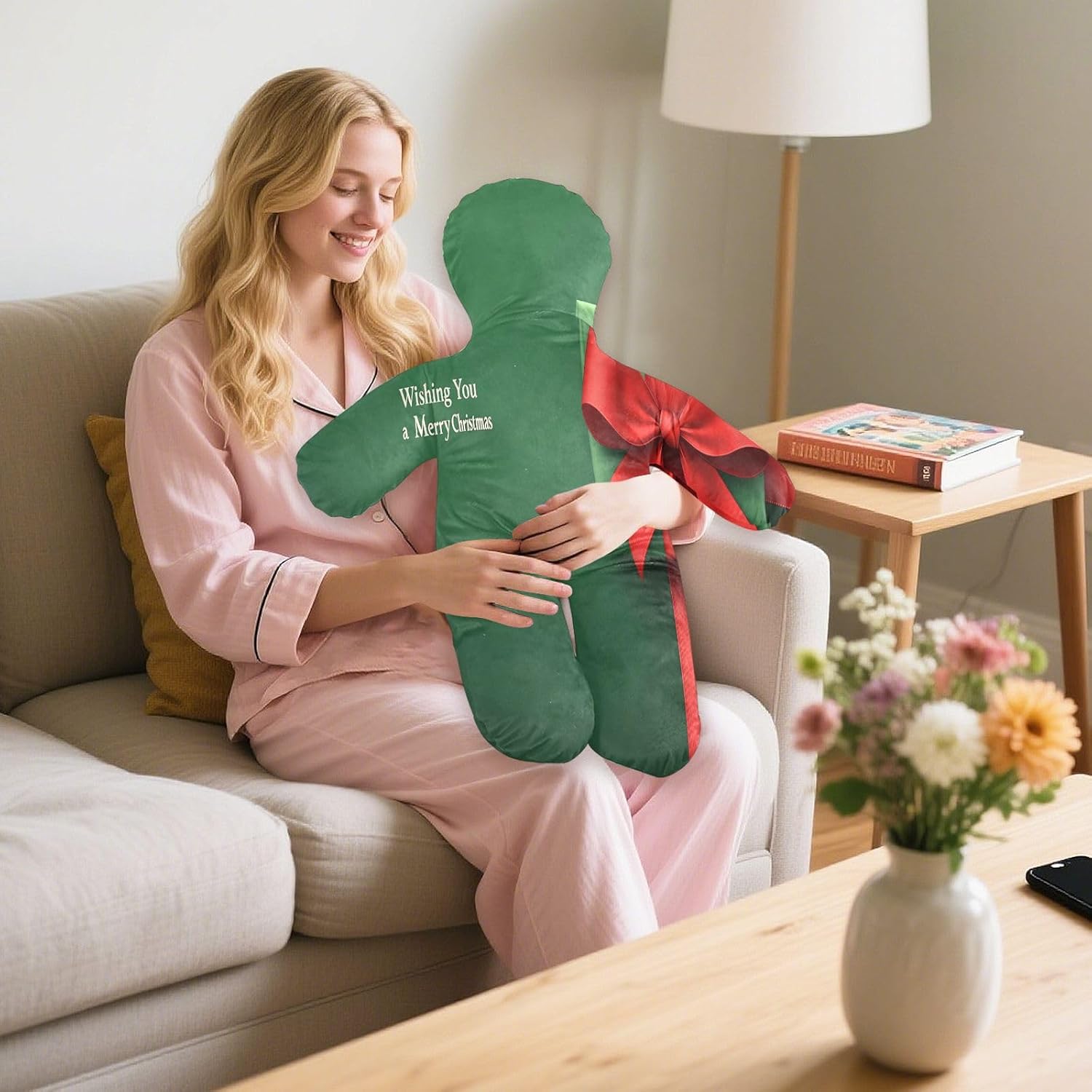 Red Ribbon with A Bow(2) Human-Shaped Pillow Soft Body Pillows Washable Velvet Pillows for Anxiety Relief Sleeping Cuddling & Support