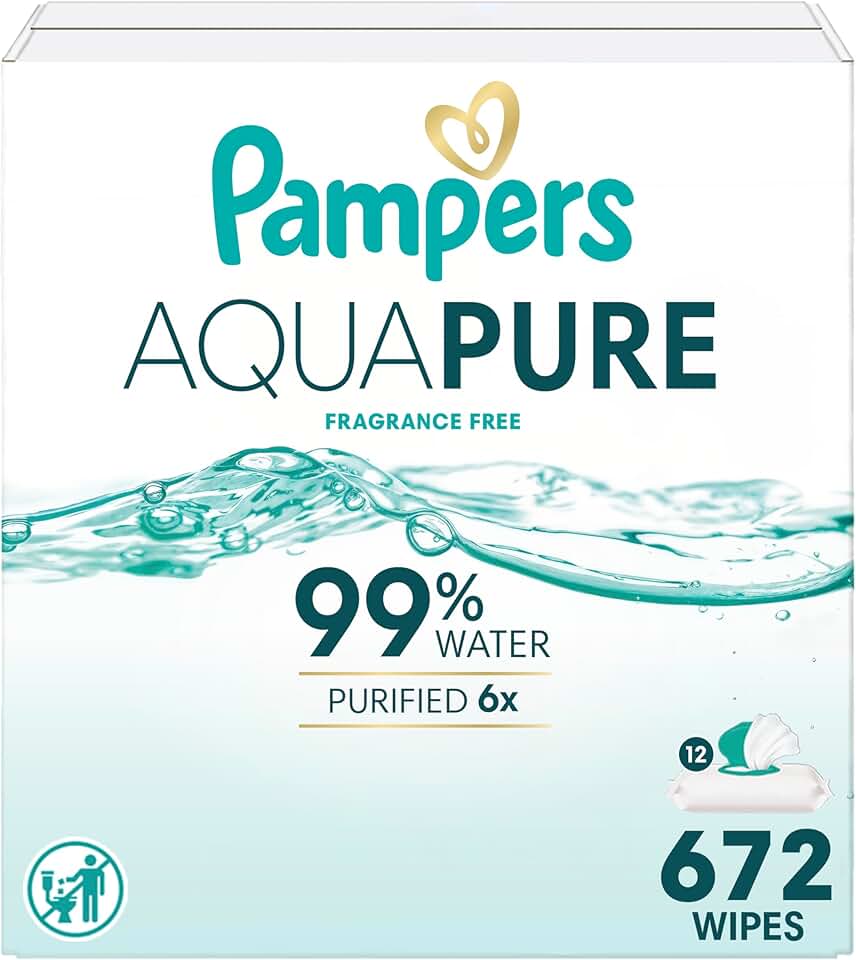 Pampers Aqua Pure Baby Wipes, 99% Water, Fragrance Free, Unscented, Water Based, Multi-Use, 672 Wipes Total (12X Flip-Top Packs) [Packaging May Vary]
