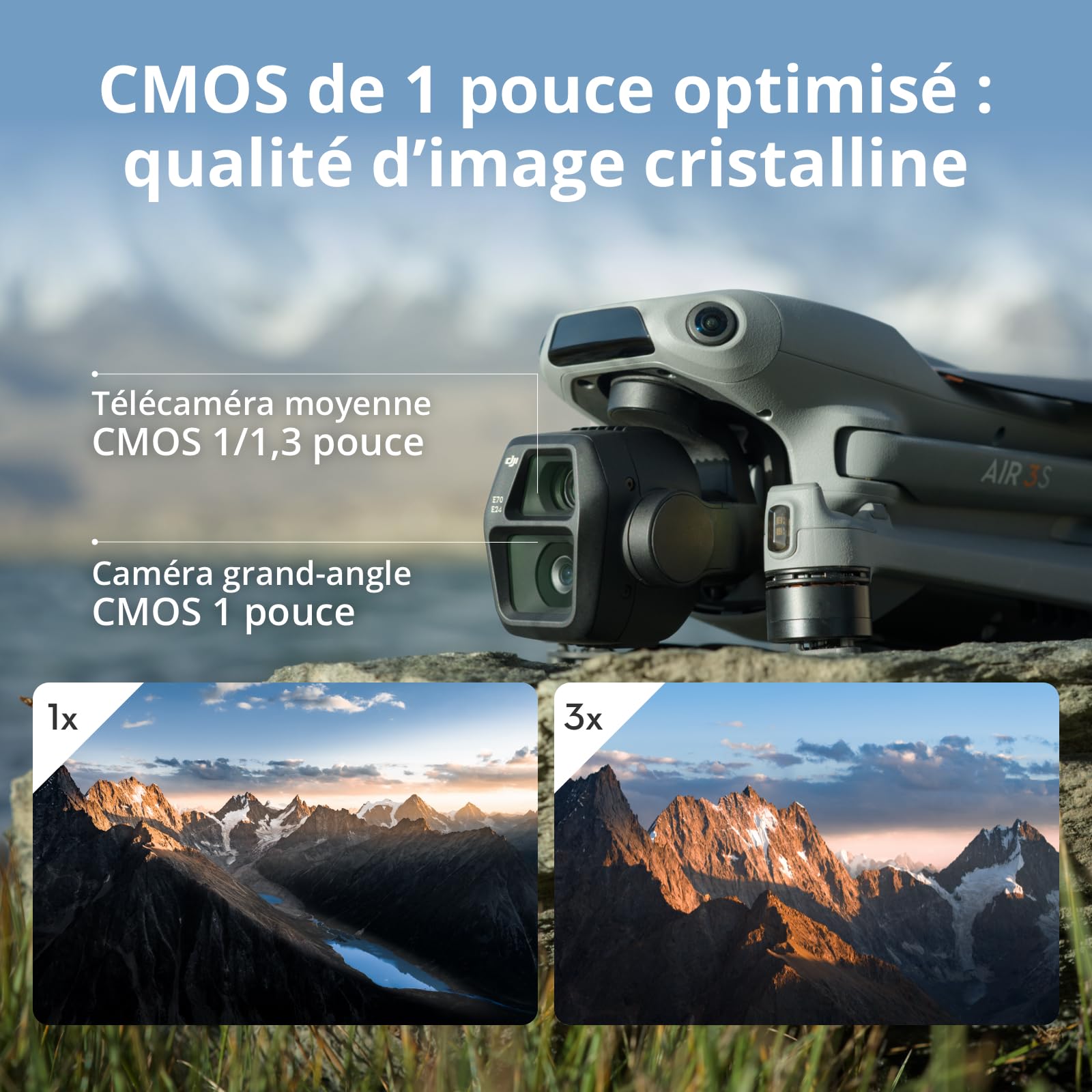 Bundle Fly More DJI Air 3S (radiocommande RC 2 avec écran), drone avec caméras grand-angle CMOS 1'' & télé moyenne pour adultes, 4K/60 ips, détection omnidir. et 3 batteries pour un temps de vol accru
