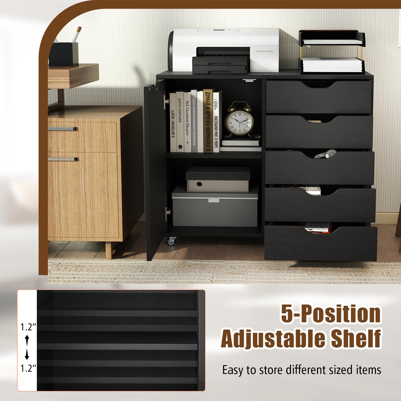 RELAX4LIFE Cassettiera Ufficio con 5 Cassetti e Armadietto, Guide Metalliche, Schedario Portadocumenti con Anta e Ruote, Mobile Porta Stampante per Ufficio, Casa, 78x40x65 cm (Nero)
