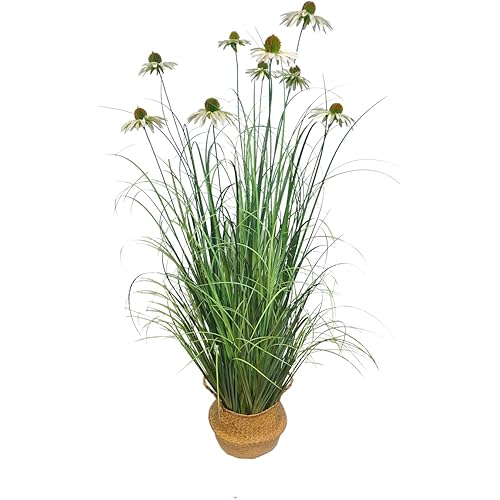 ECOFOREST 46-Inch Artificial Tall Grass Plant with 9 Lifelike Echinacea Flower and Woven Grass Basket - Ideal for Indoor or Outdoor Decoration, Housewarming Gifts, and Home Decor (1-Pack)