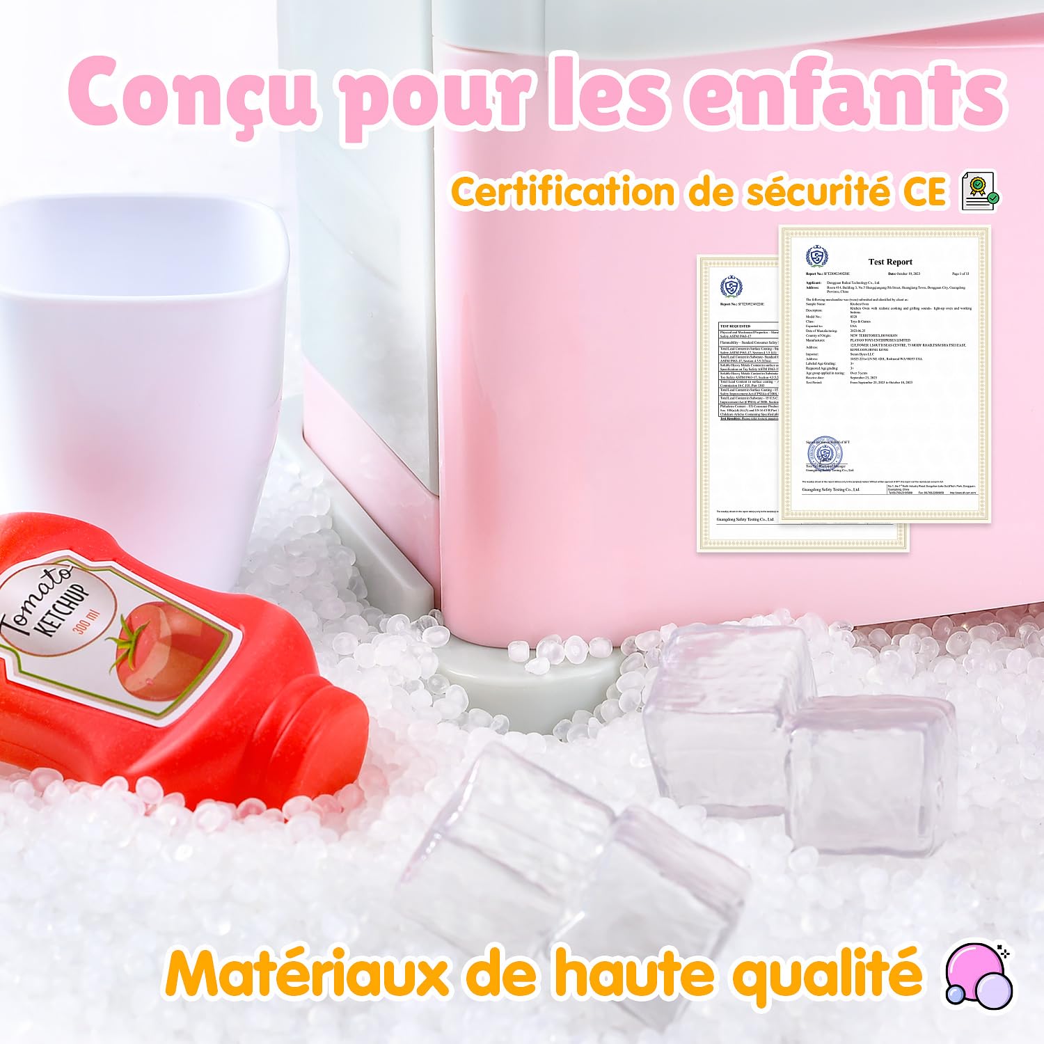 PLAY Jouet de cuisine pour enfant avec distributeur de glace, réfrigérateur pour enfant, jouet alimentaire, glaçons, gadget de cuisine pour enfants à partir de 3 ans, rose