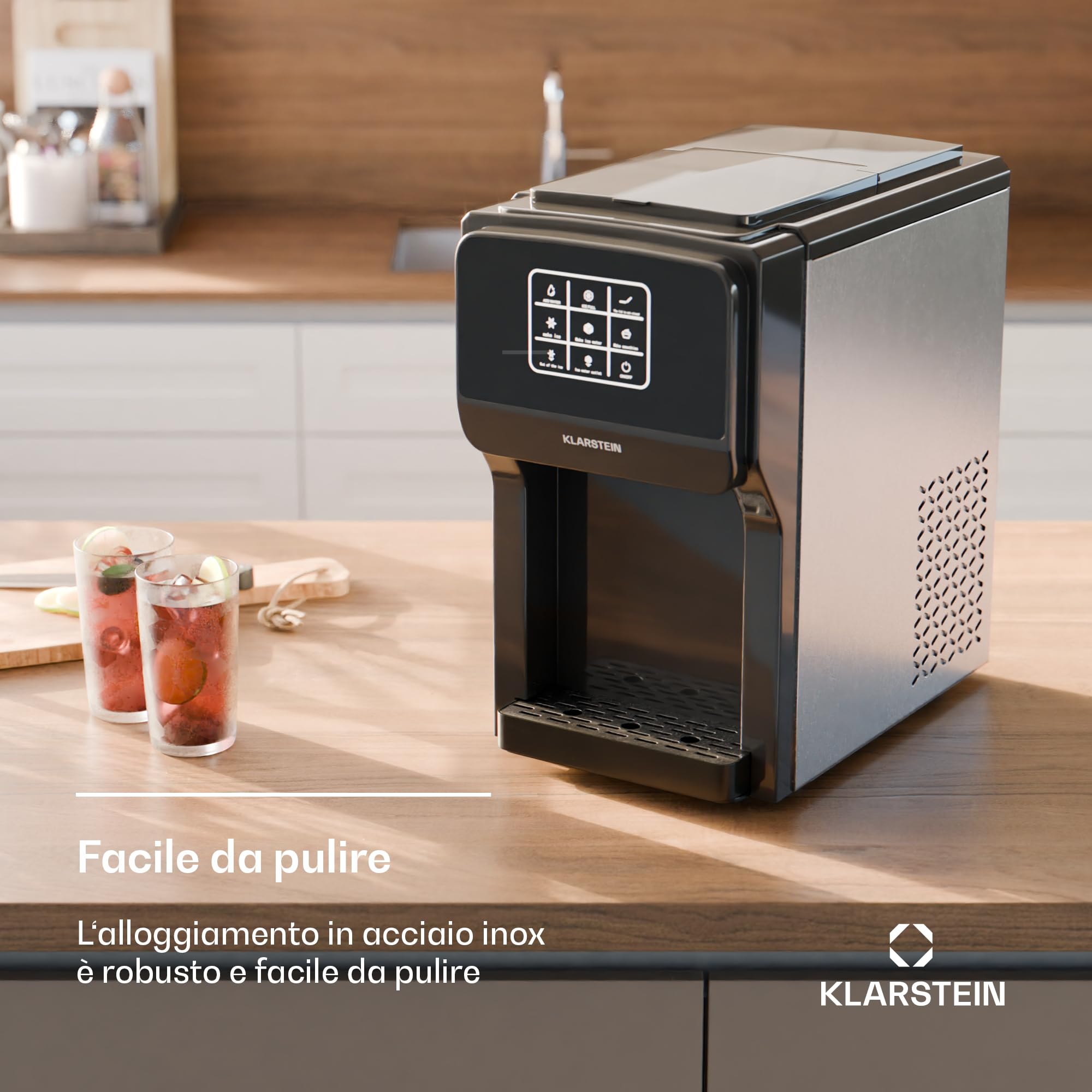 Klarstein ArcticBlend 3in1 - Macchina del Ghiaccio, 20 kg/24h, Ghiaccio Cavo e Tritato, Erogatore d'Acqua, Serbatoio da 6L, Acciaio Inox, Macchina del Ghiaccio per la Casa, Ice Maker, Grigio scuro