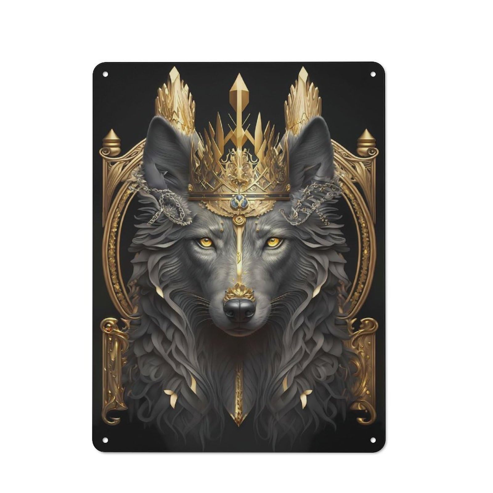 Junmoney Style-15 Tin Wall Plaque 40X30cm With Lord Wolf Golden Art Deco For Home Office Or Studio, For Garage, Workshop And Man Cave Decoration