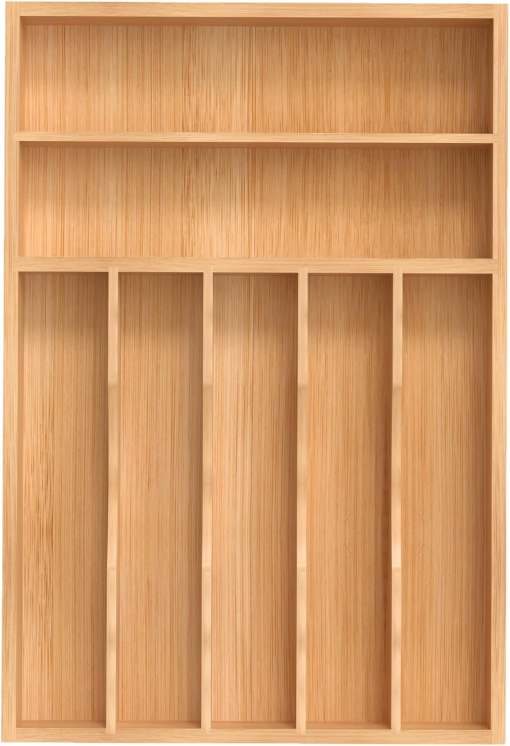 Silverware Organizer, Bamboo Kitchen Drawer Organizer, Utensil Holder, Cutlery Tray & Spoon Flatware Storage with Grooved Drawer Dividers (11''W x 16''D)