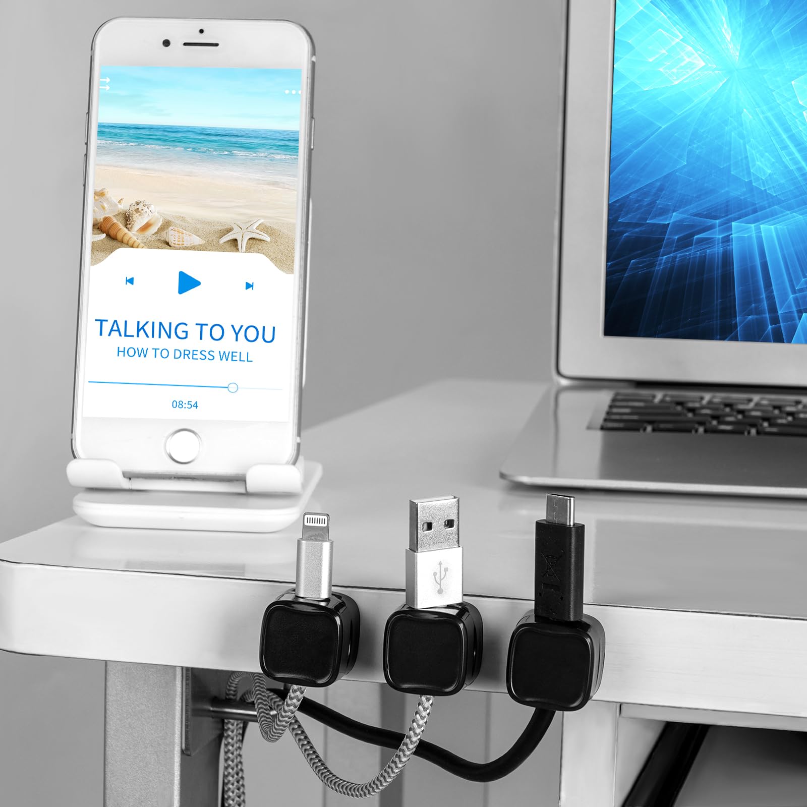 8 PEZZI Porta cavi magnetici, clip fermacavi adesivi per la gestione efficiente dei cavi, organizzatore cavi per scrivania, supporto per cavo di ricarica, USB, rete (BIANCO)